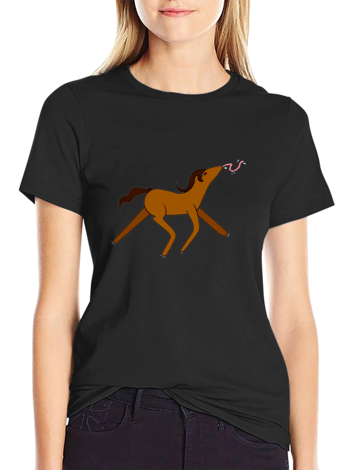Cartoon Horse Graphic Tee - Black