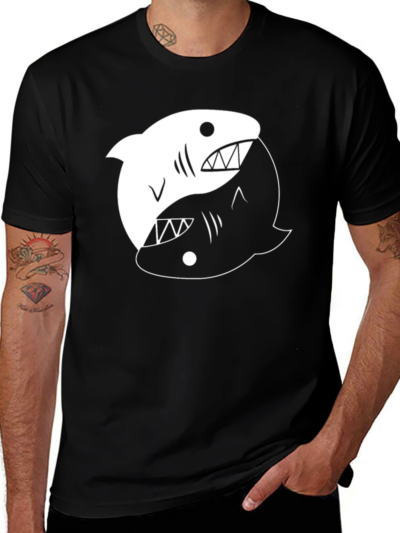 Yin Yang Shark Graphic Tee - Black Cotton T-Shirt