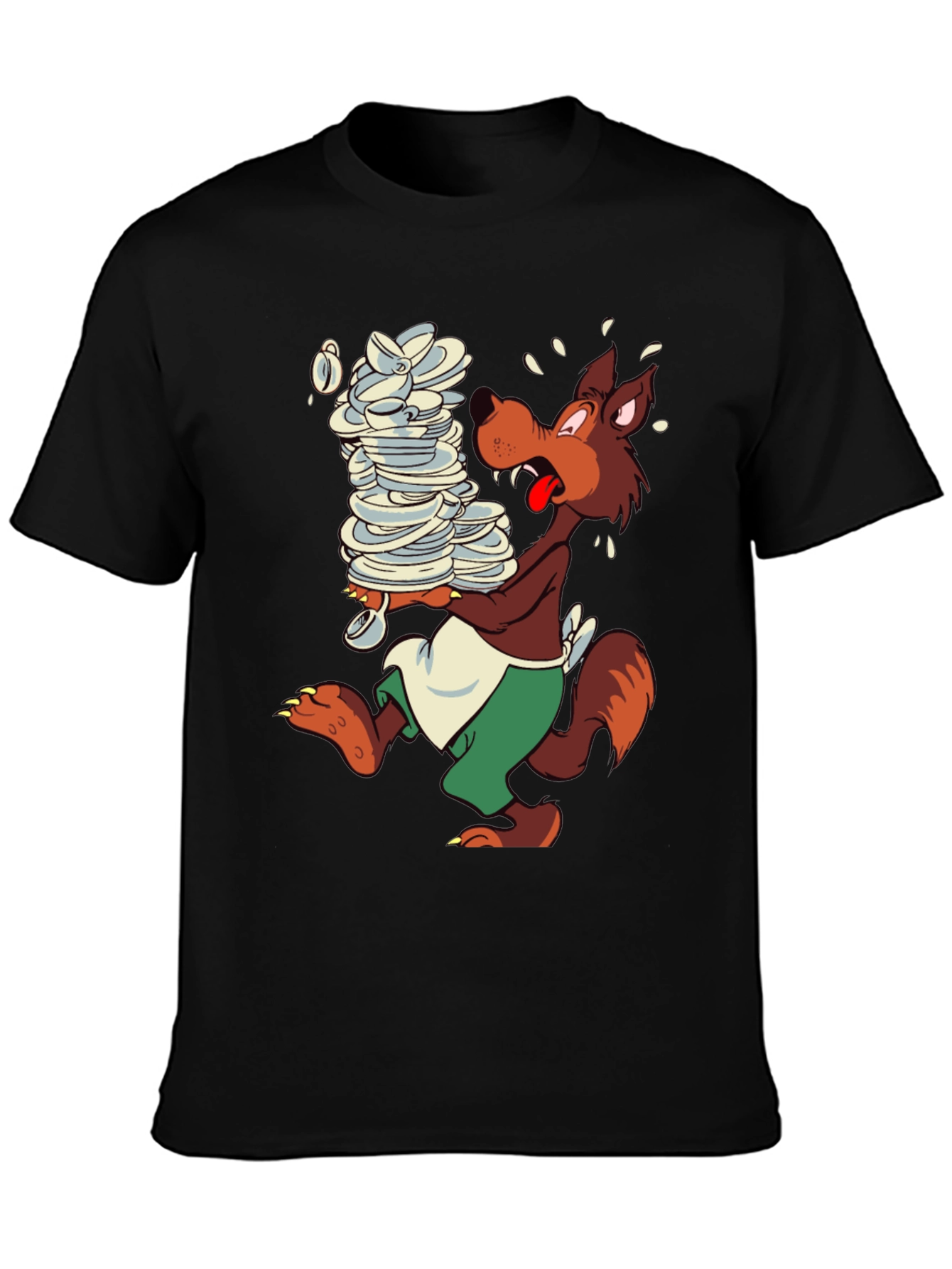 Cartoon Wolf Dish Duty Black T-Shirt