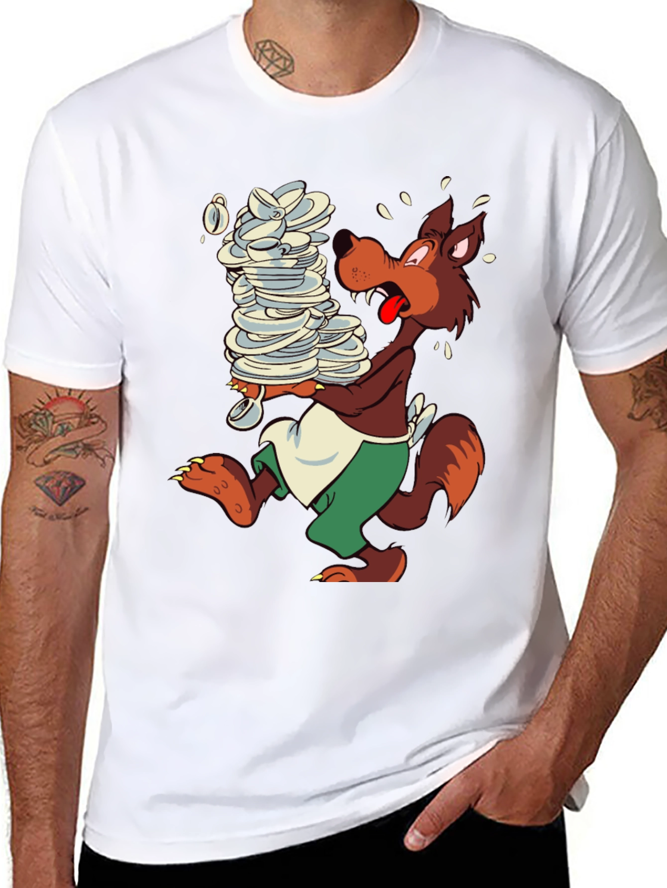 Cartoon Wolf Dish Duty Black T-Shirt