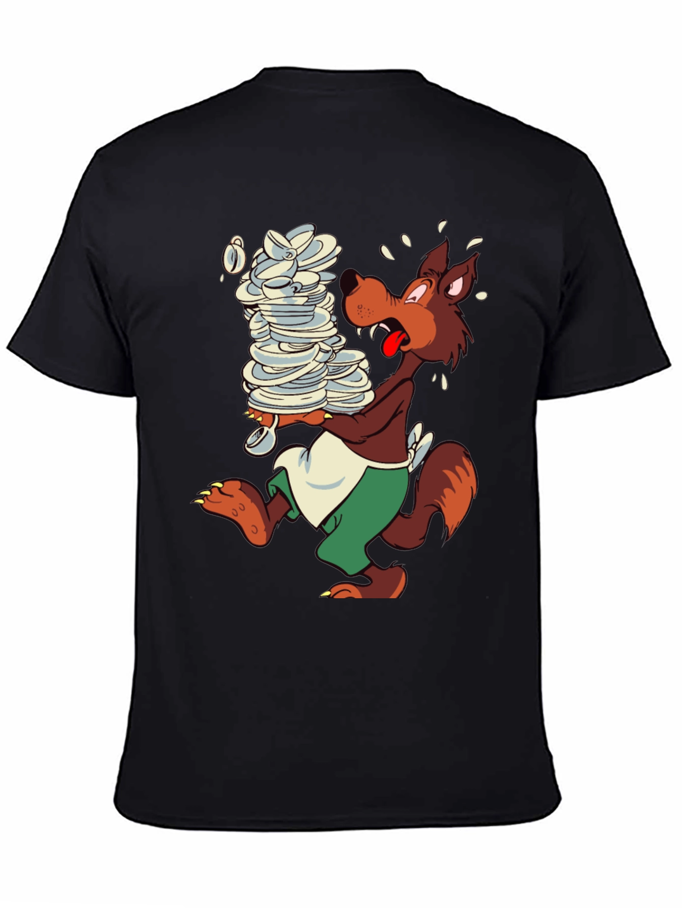 Cartoon Wolf Dish Duty Black T-Shirt