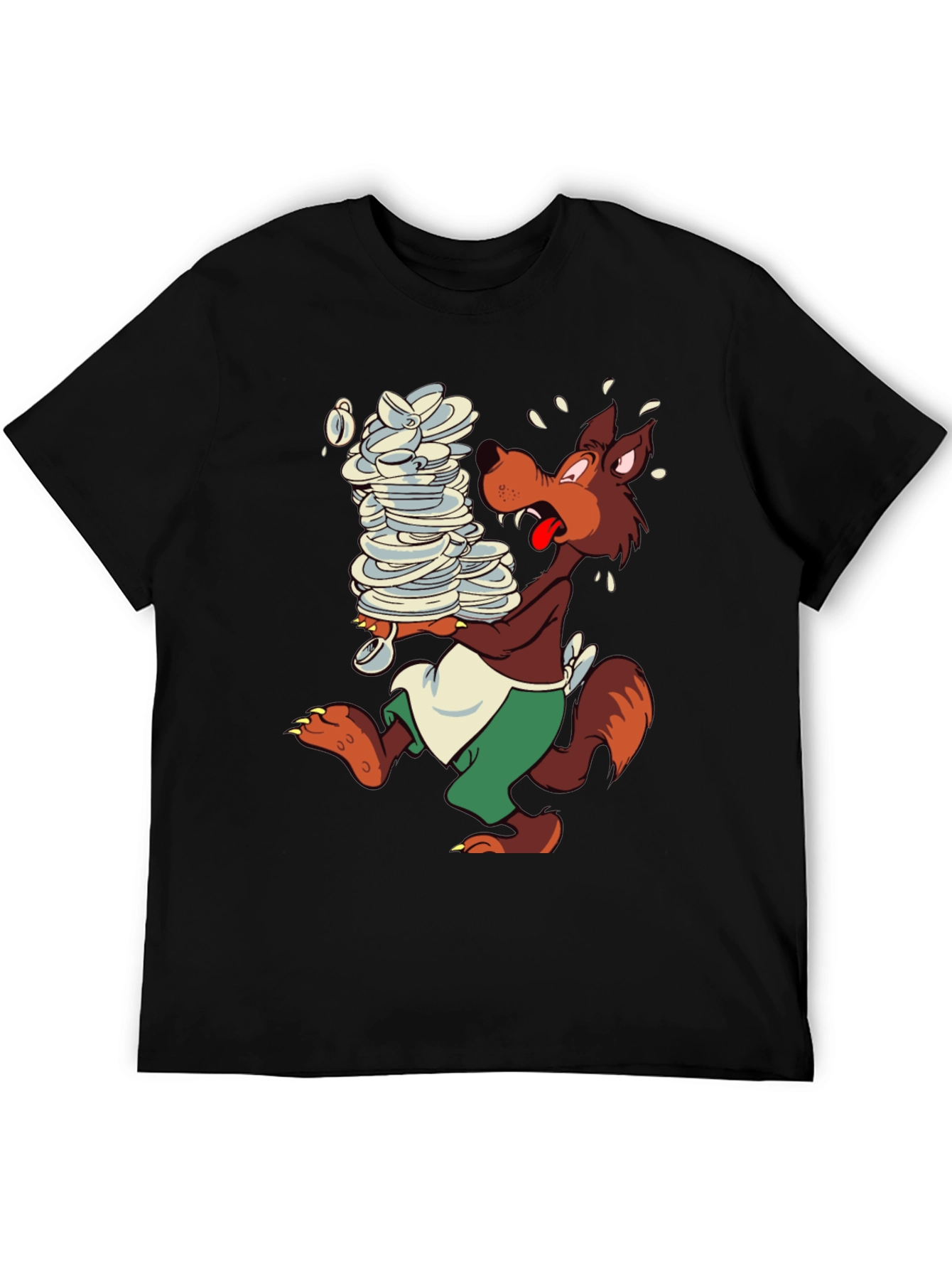 Cartoon Wolf Dish Duty Black T-Shirt