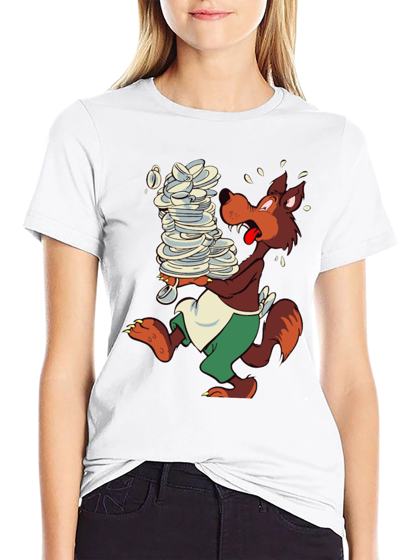 Cartoon Wolf Dish Duty Black T-Shirt