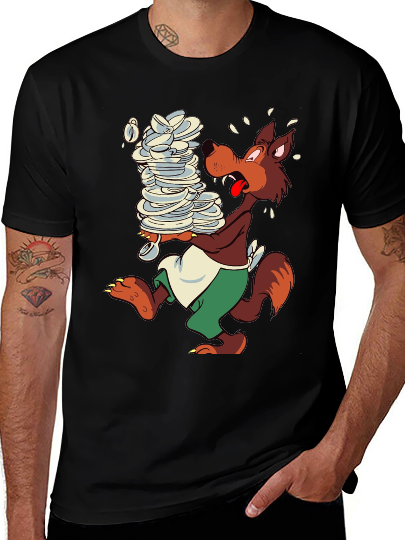 Cartoon Wolf Dish Duty Black T-Shirt