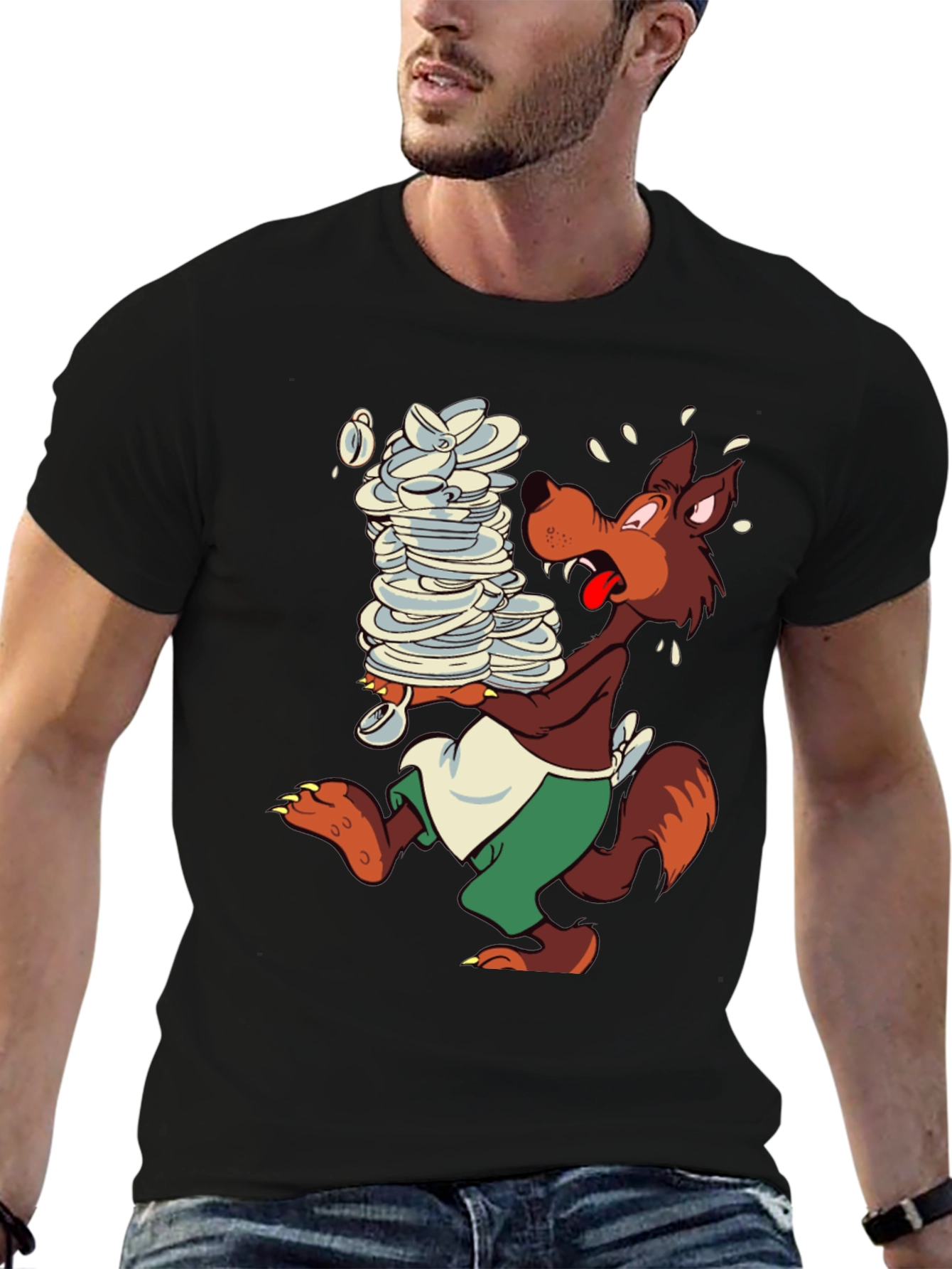 Cartoon Wolf Dish Duty Black T-Shirt