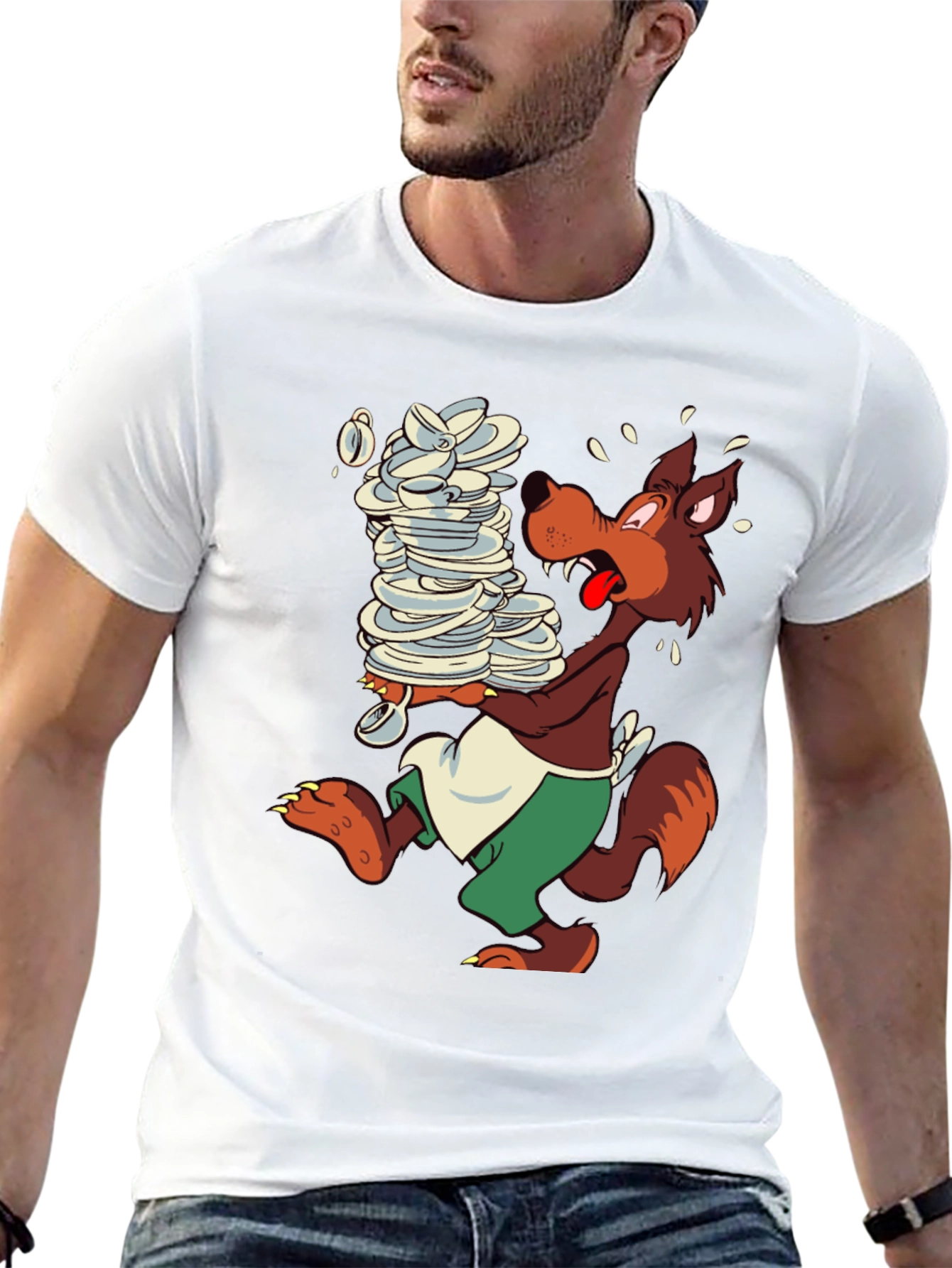 Cartoon Wolf Dish Duty Black T-Shirt