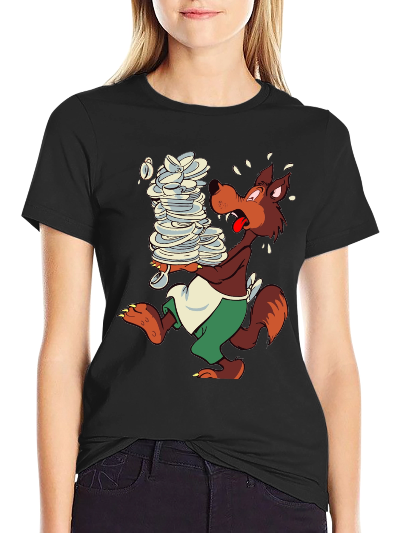 Cartoon Wolf Dish Duty Black T-Shirt