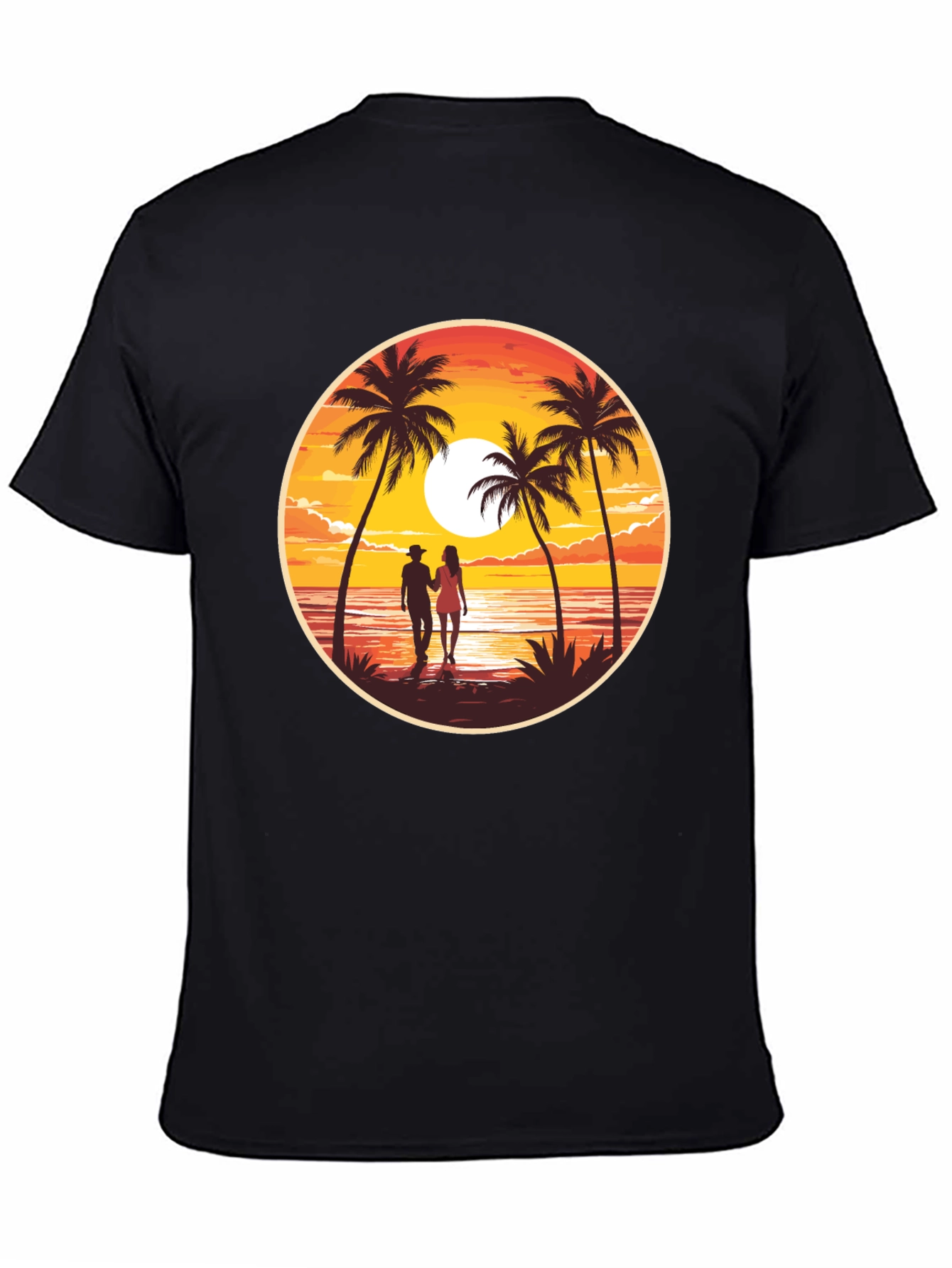 Sunset Beach Couple Graphic Tee - Black Cotton T-Shirt