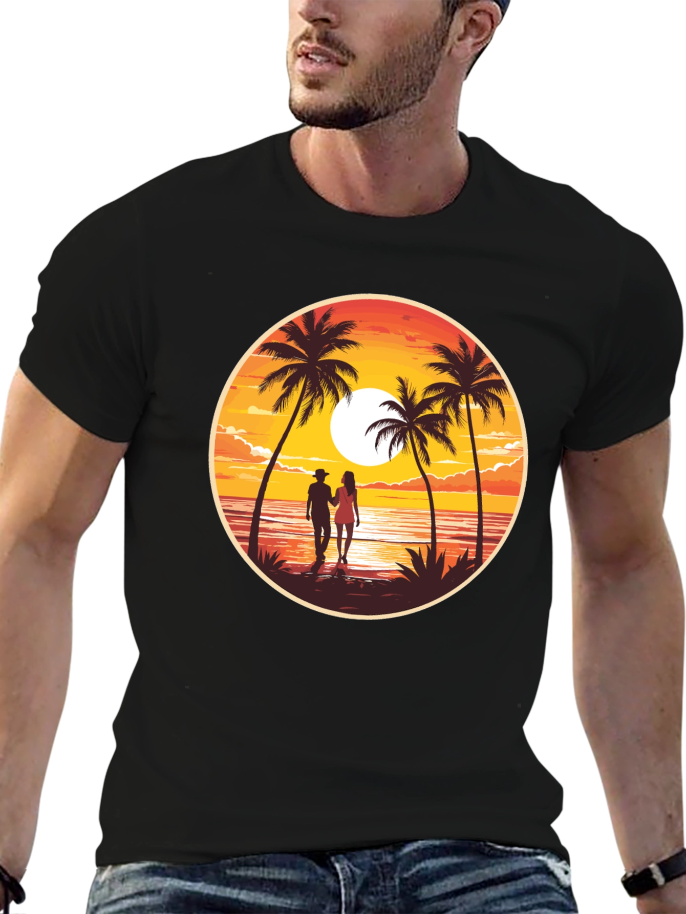 Sunset Beach Couple Graphic Tee - Black Cotton T-Shirt
