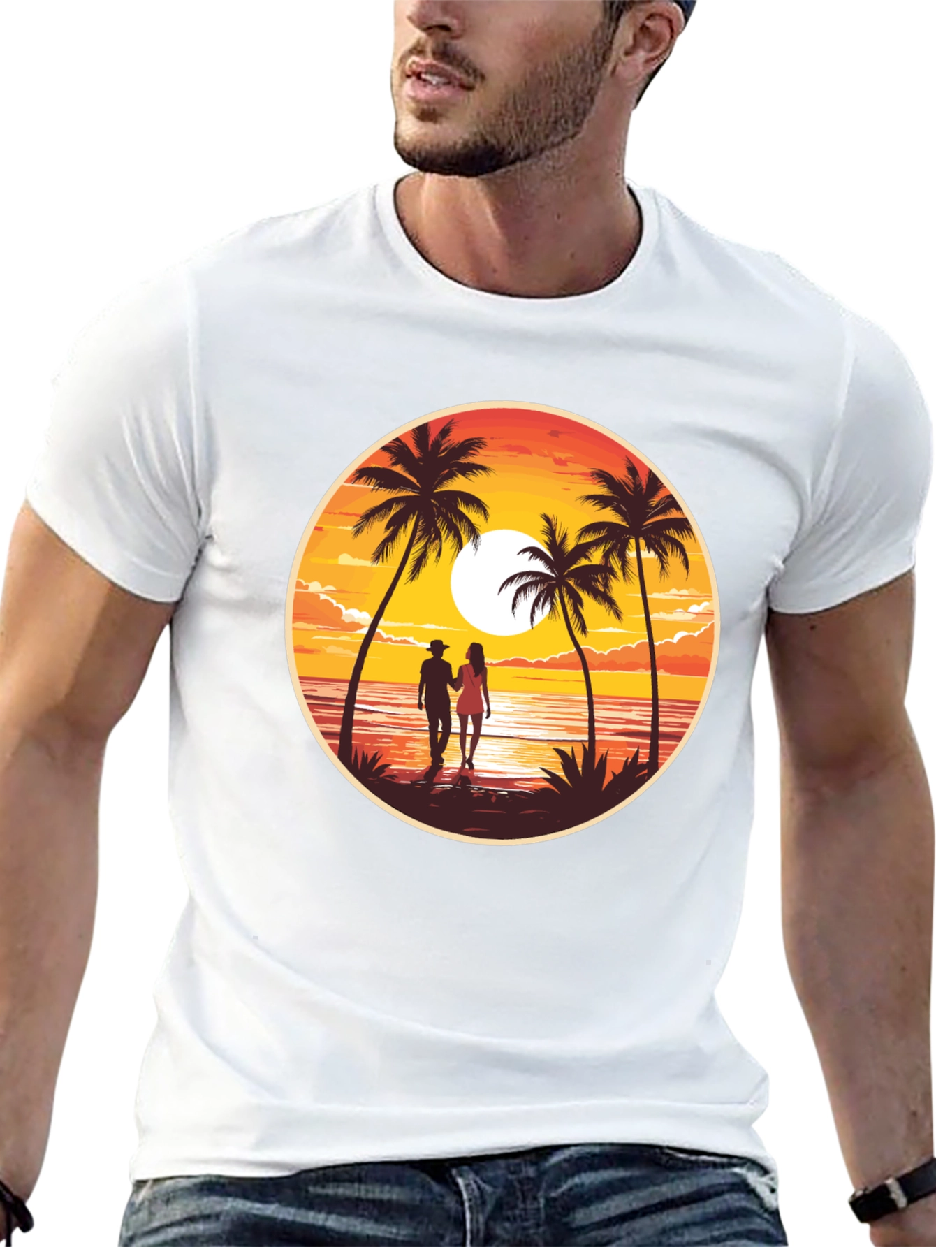 Sunset Beach Couple Graphic Tee - Black Cotton T-Shirt