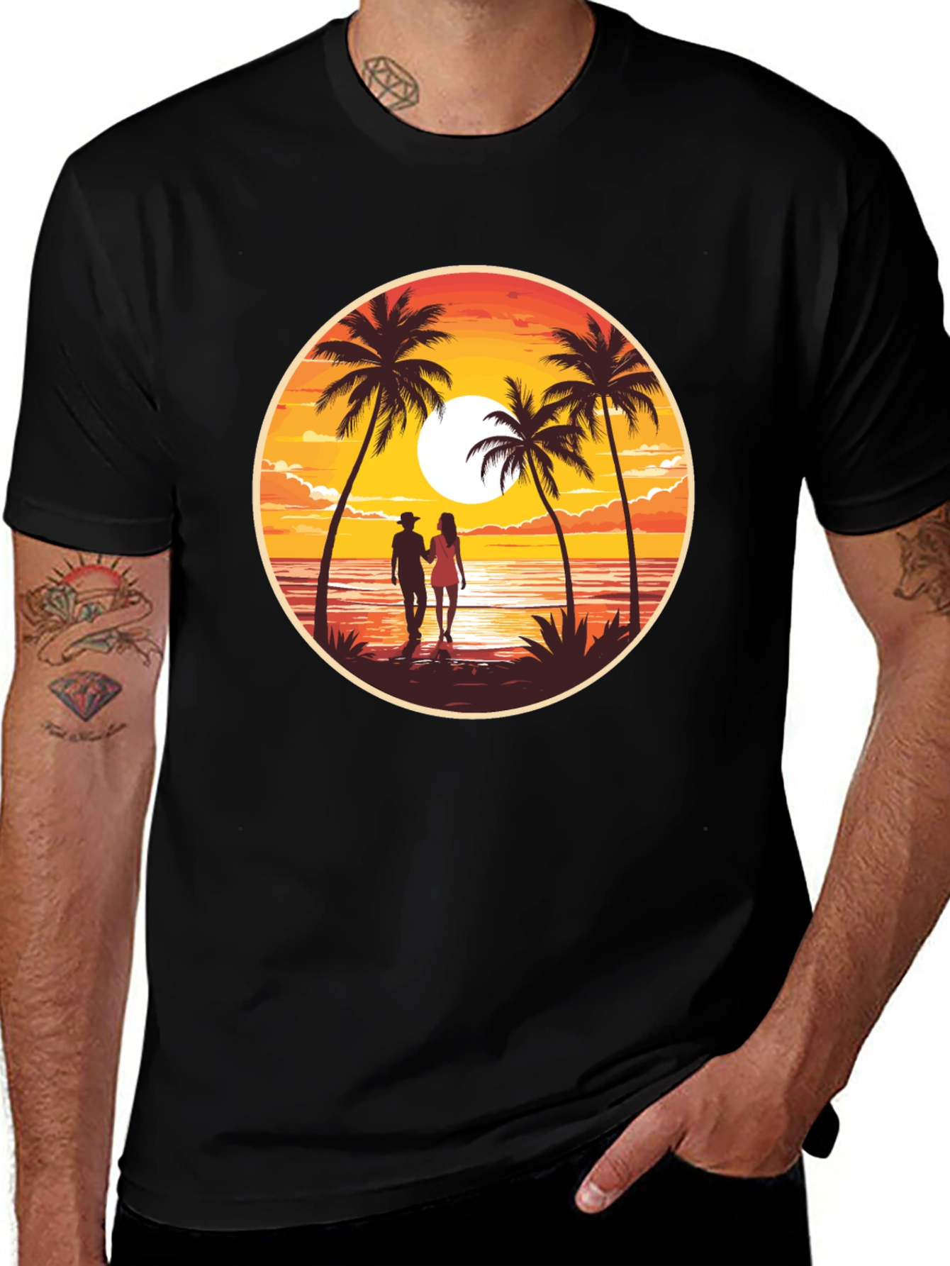 Sunset Beach Couple Graphic Tee - Black Cotton T-Shirt