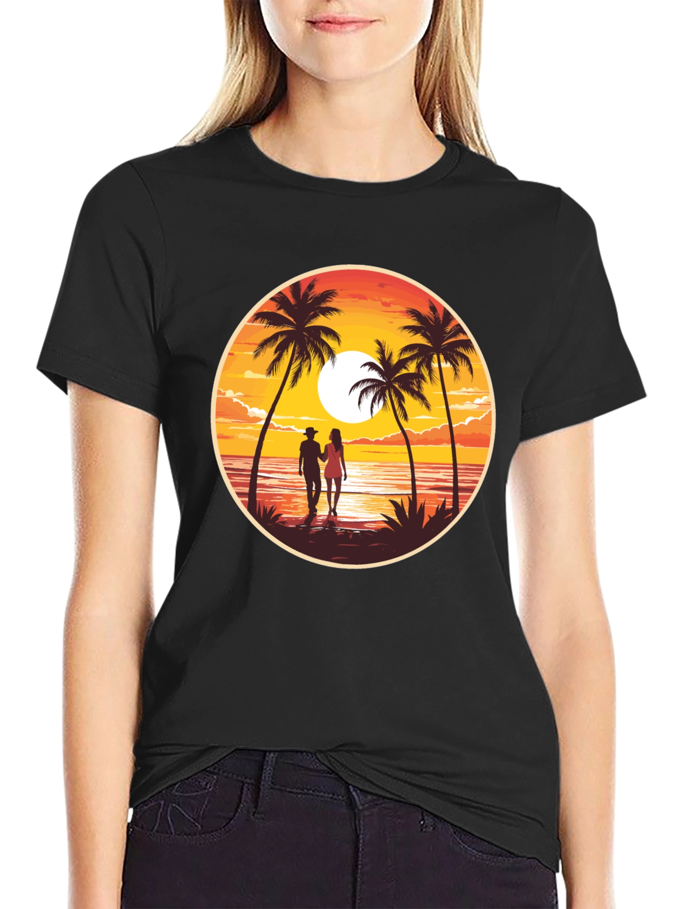 Sunset Beach Couple Graphic Tee - Black Cotton T-Shirt