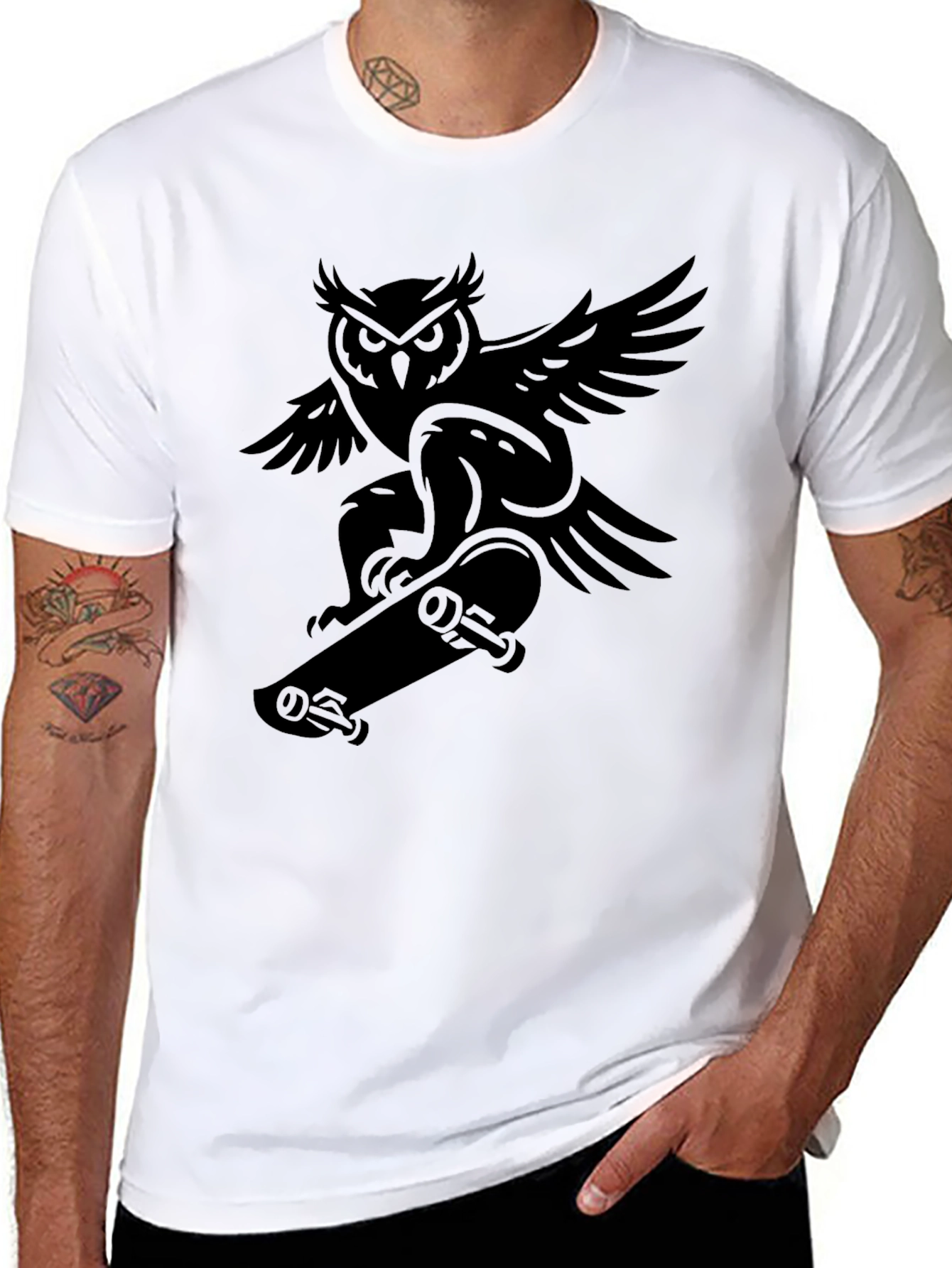 Owl Skateboarder Graphic Tee - Cool Black T-Shirt