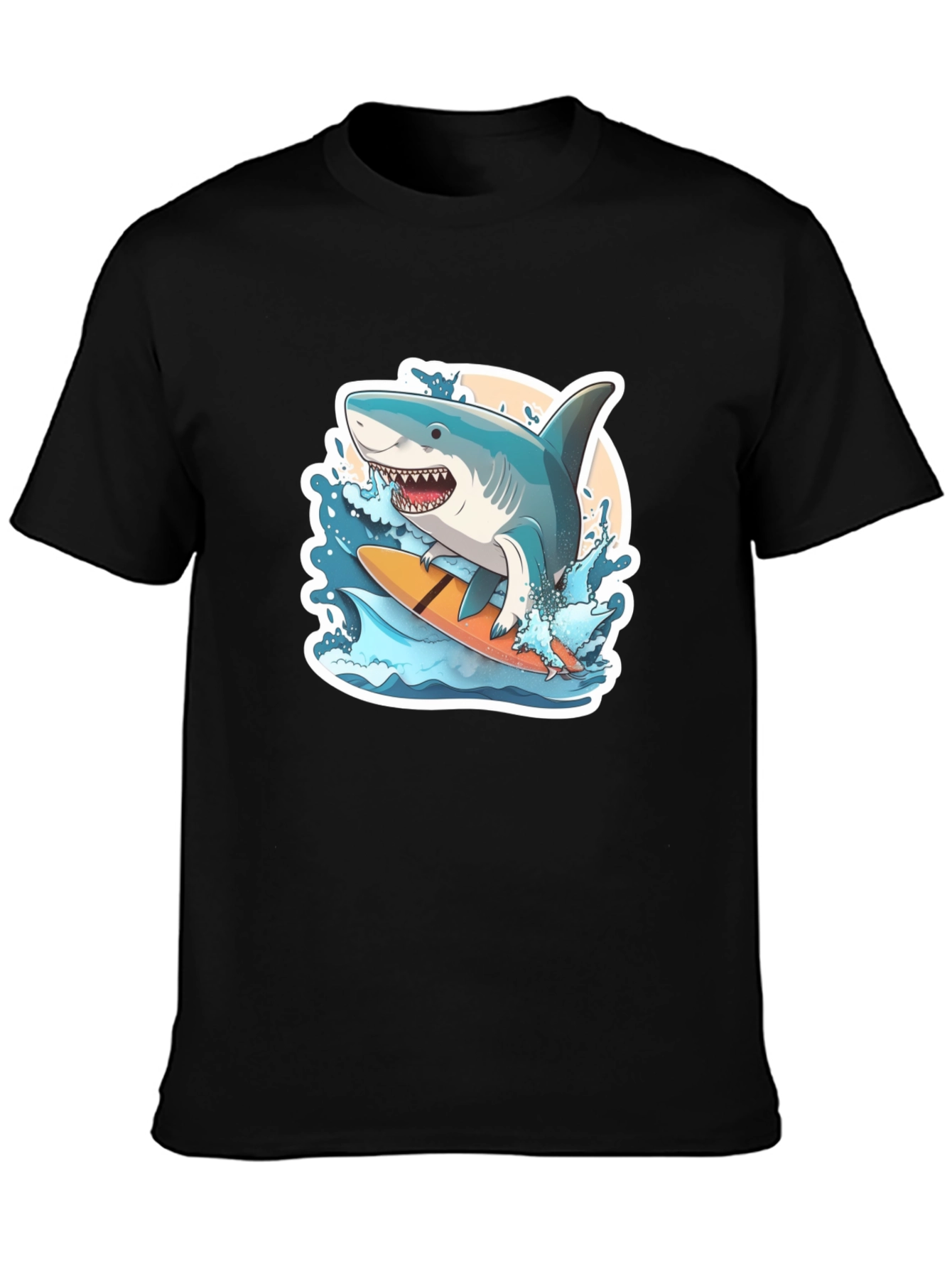 Surfing Shark Graphic Tee - Black Cotton T-Shirt