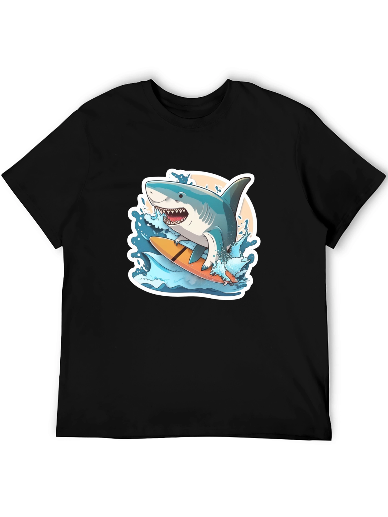 Surfing Shark Graphic Tee - Black Cotton T-Shirt