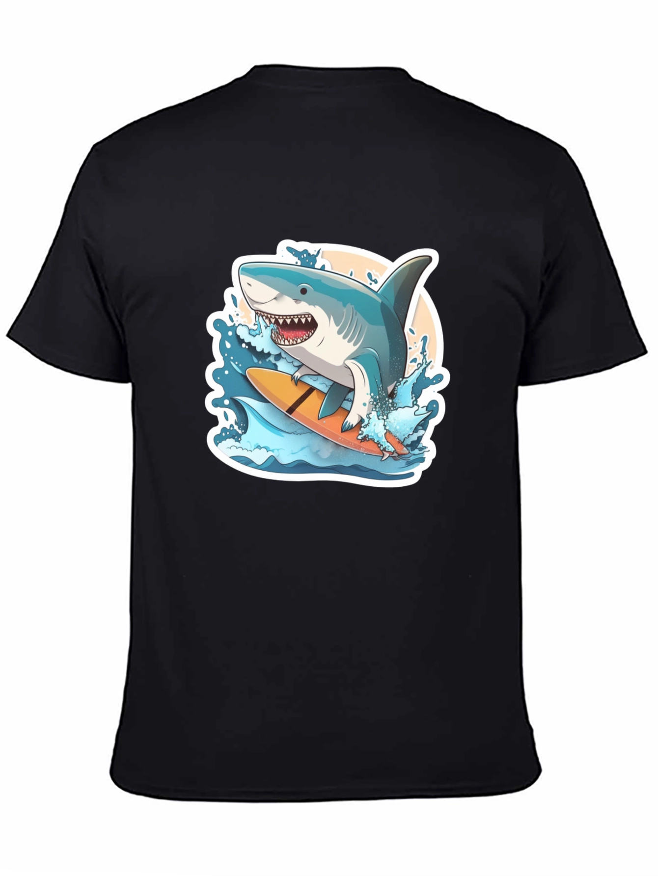 Surfing Shark Graphic Tee - Black Cotton T-Shirt