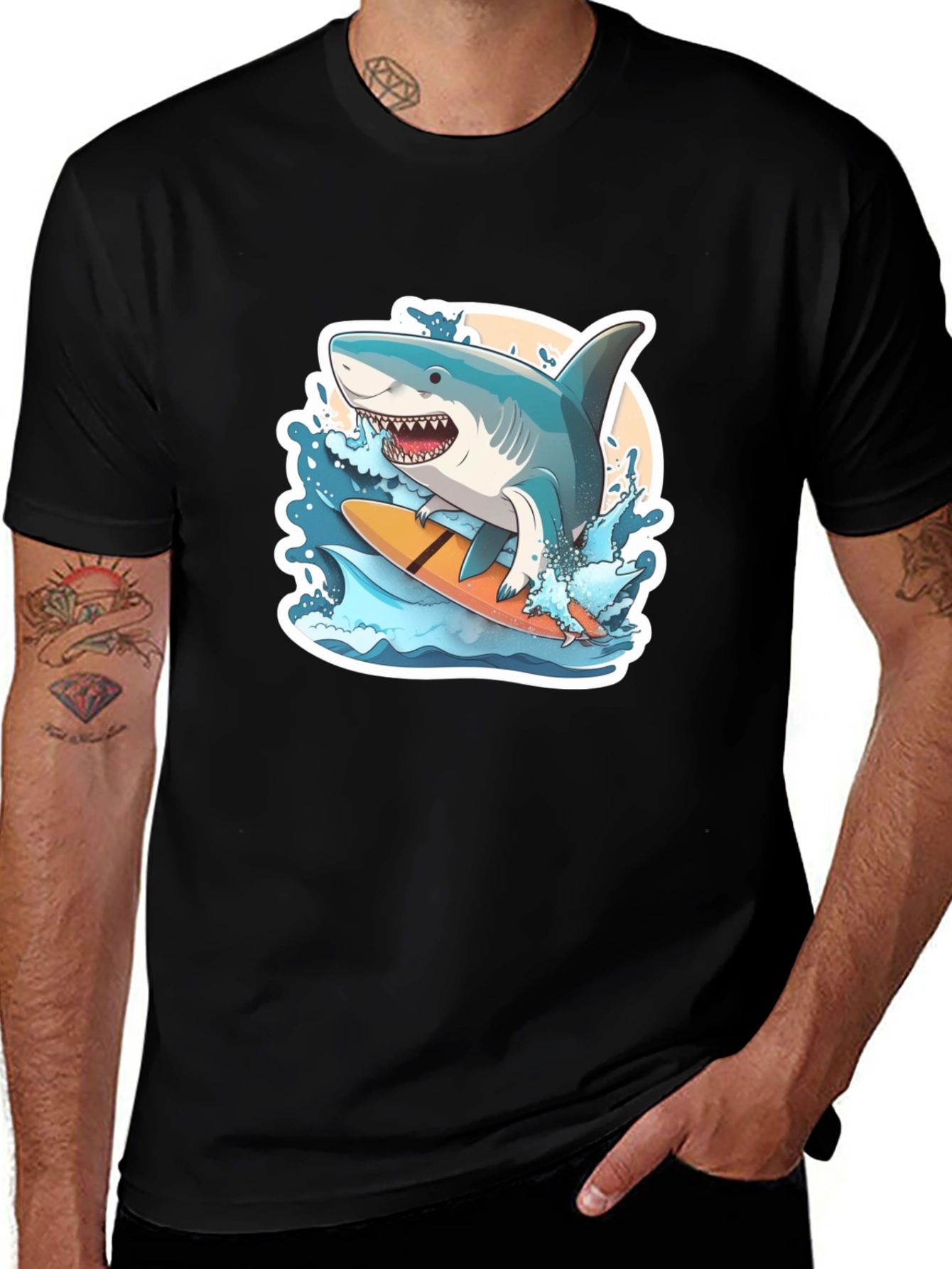 Surfing Shark Graphic Tee - Black Cotton T-Shirt