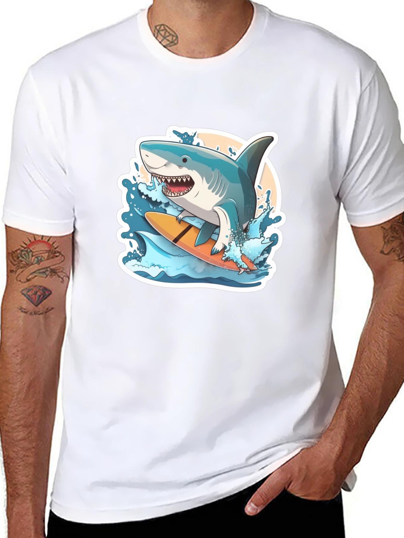 Surfing Shark Graphic Tee - Black Cotton T-Shirt
