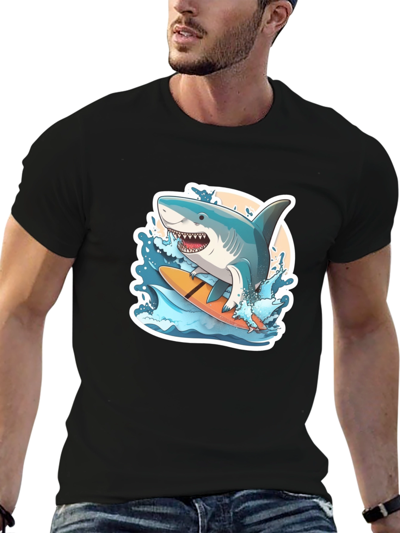 Surfing Shark Graphic Tee - Black Cotton T-Shirt