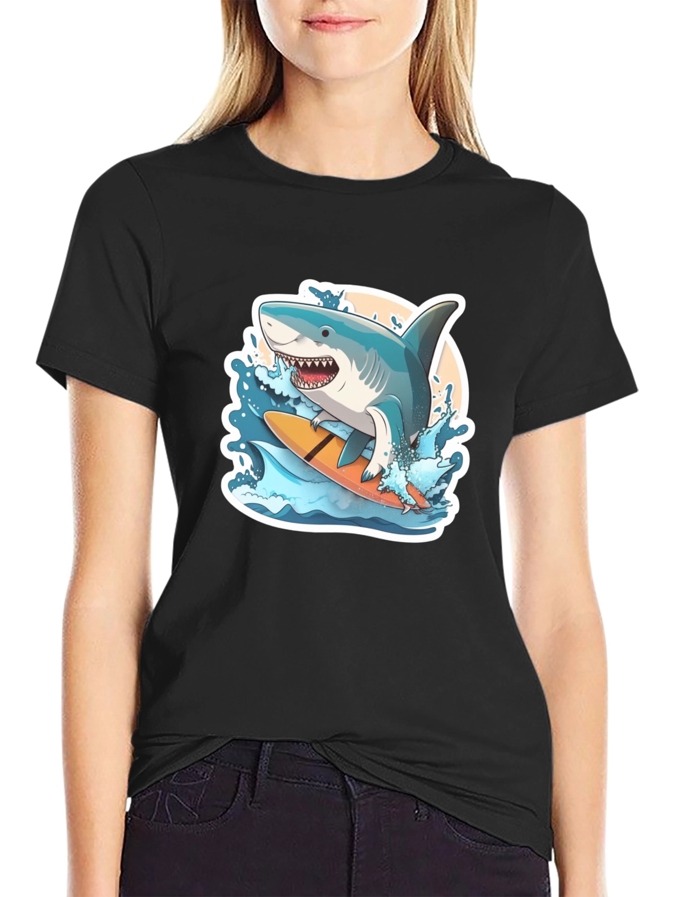 Surfing Shark Graphic Tee - Black Cotton T-Shirt