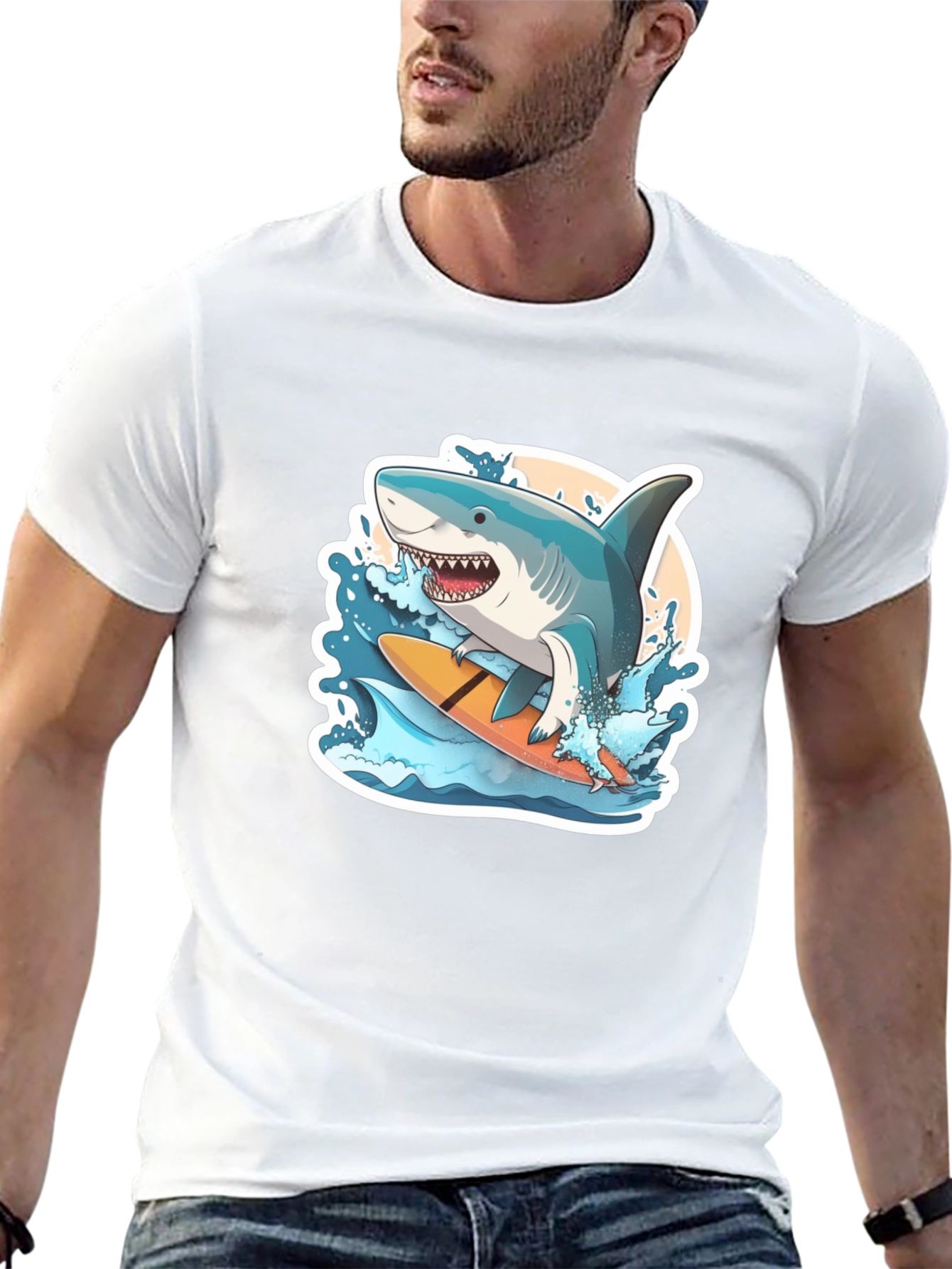 Surfing Shark Graphic Tee - Black Cotton T-Shirt