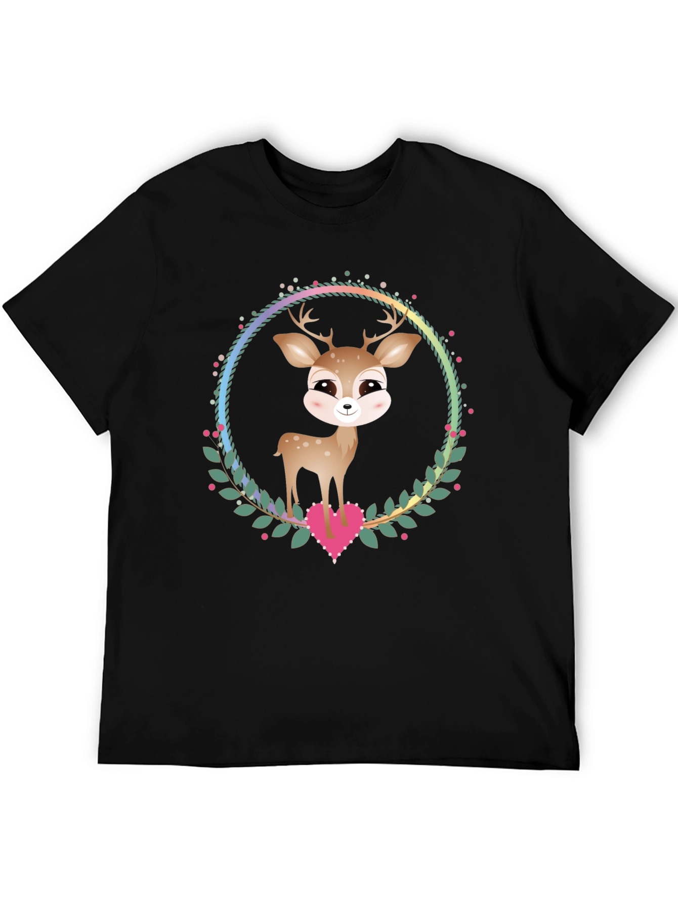 Cute Deer Heart Wreath Graphic Tee - Black