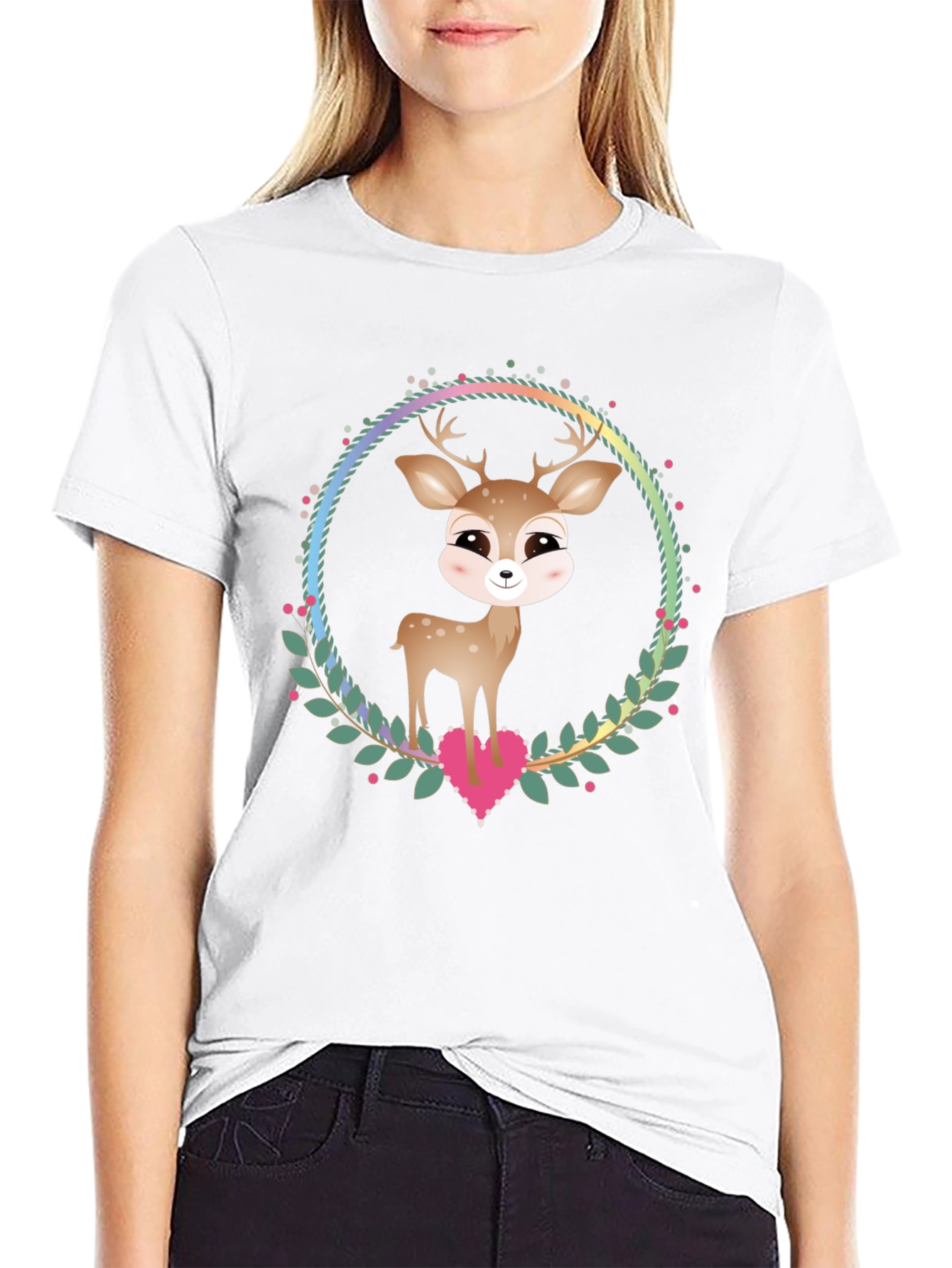 Cute Deer Heart Wreath Graphic Tee - Black