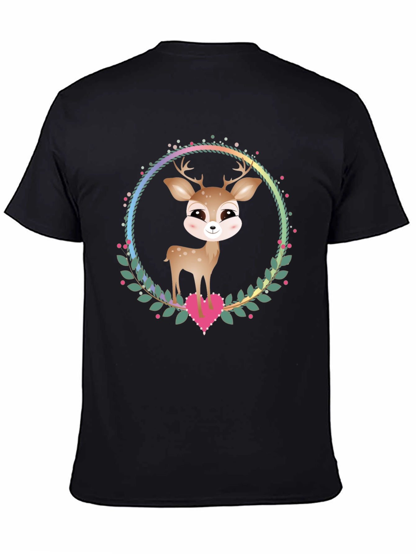 Cute Deer Heart Wreath Graphic Tee - Black