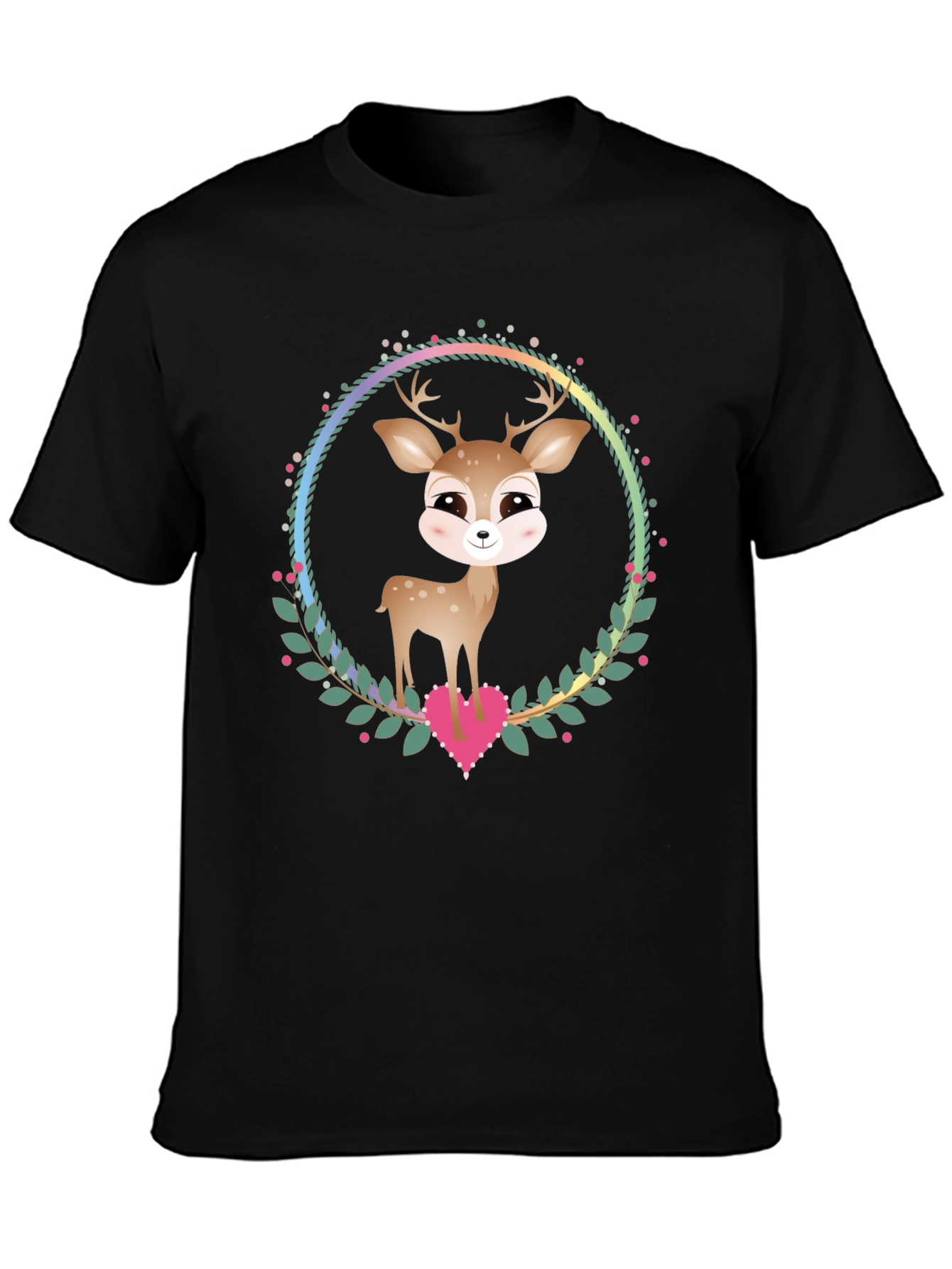 Cute Deer Heart Wreath Graphic Tee - Black
