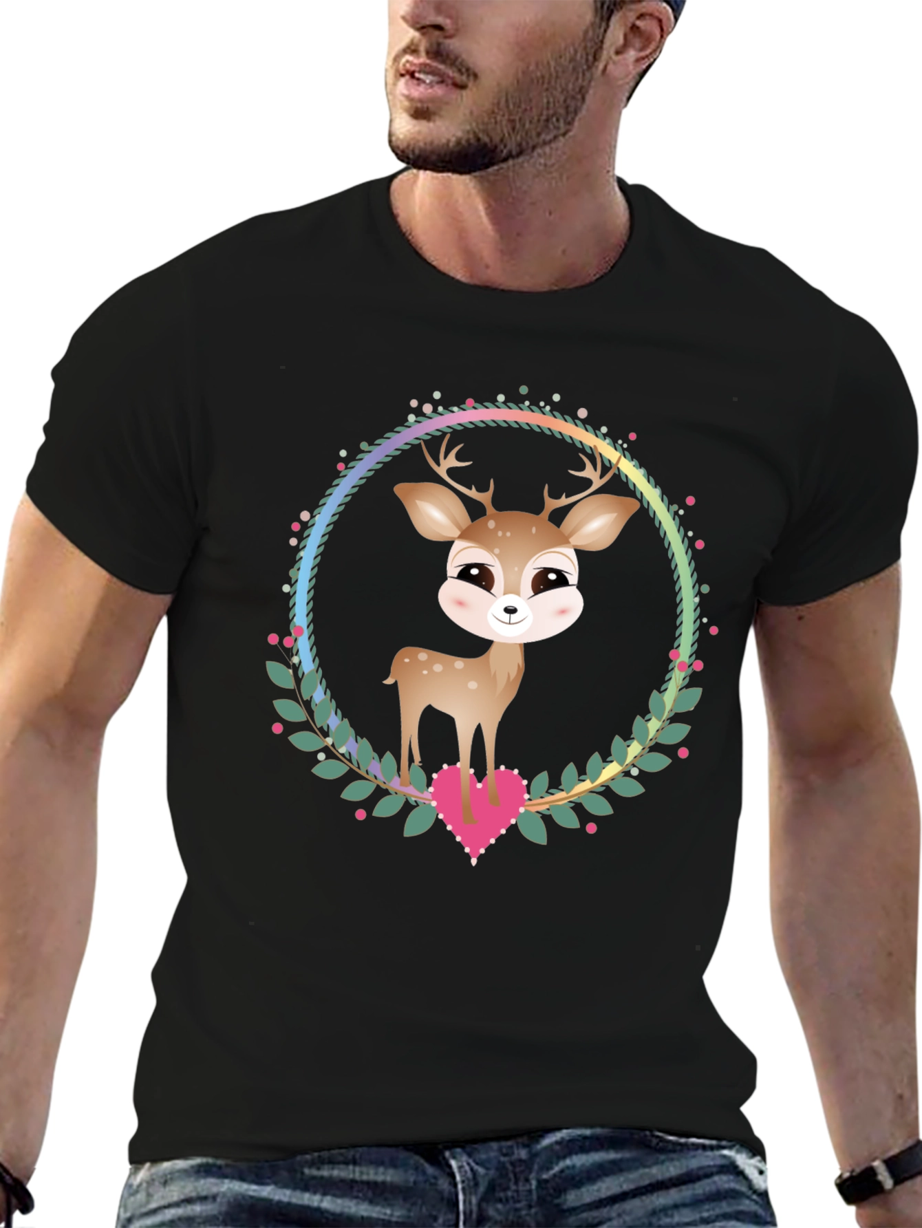 Cute Deer Heart Wreath Graphic Tee - Black