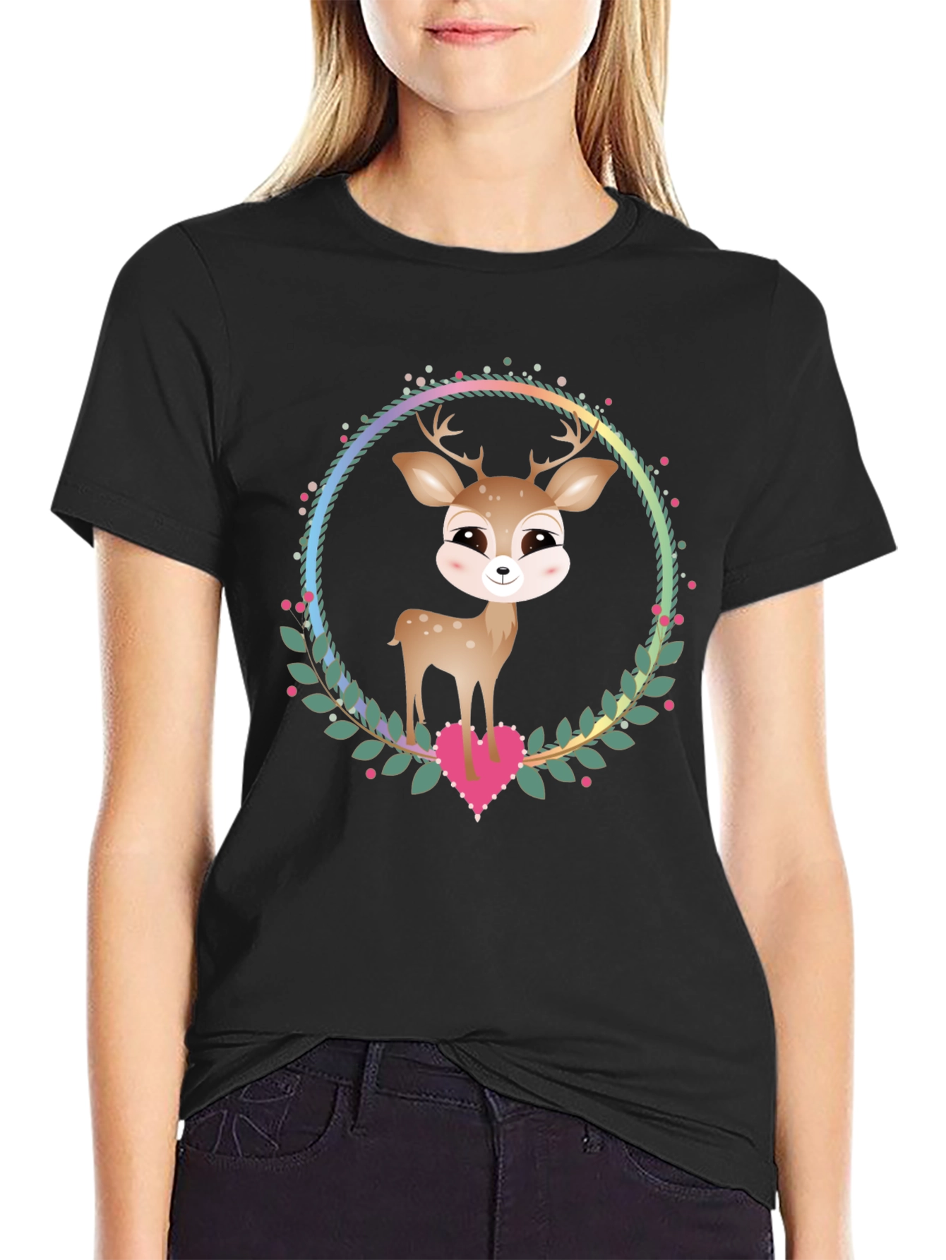 Cute Deer Heart Wreath Graphic Tee - Black