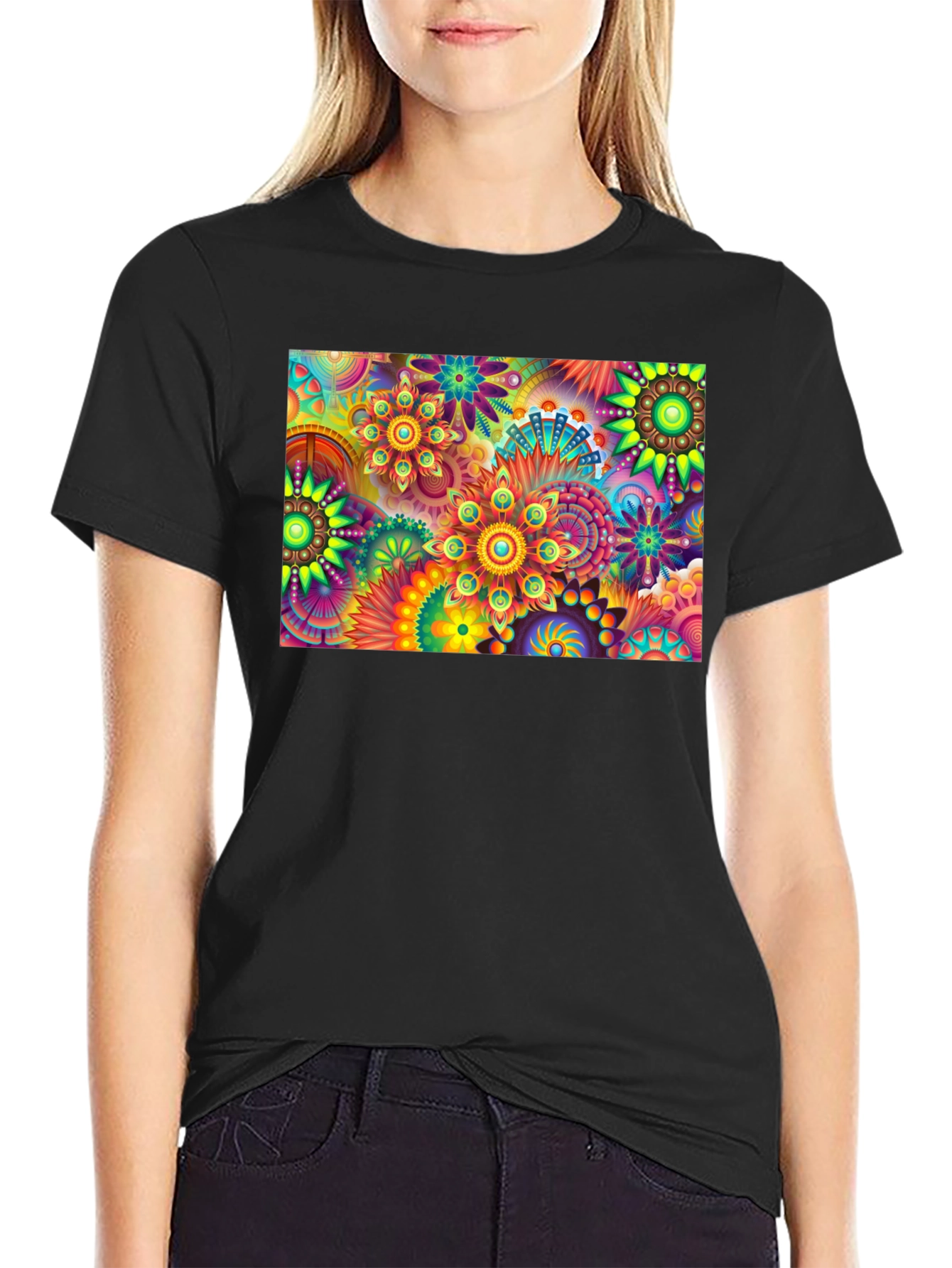 Vibrant Floral Print Black T-Shirt