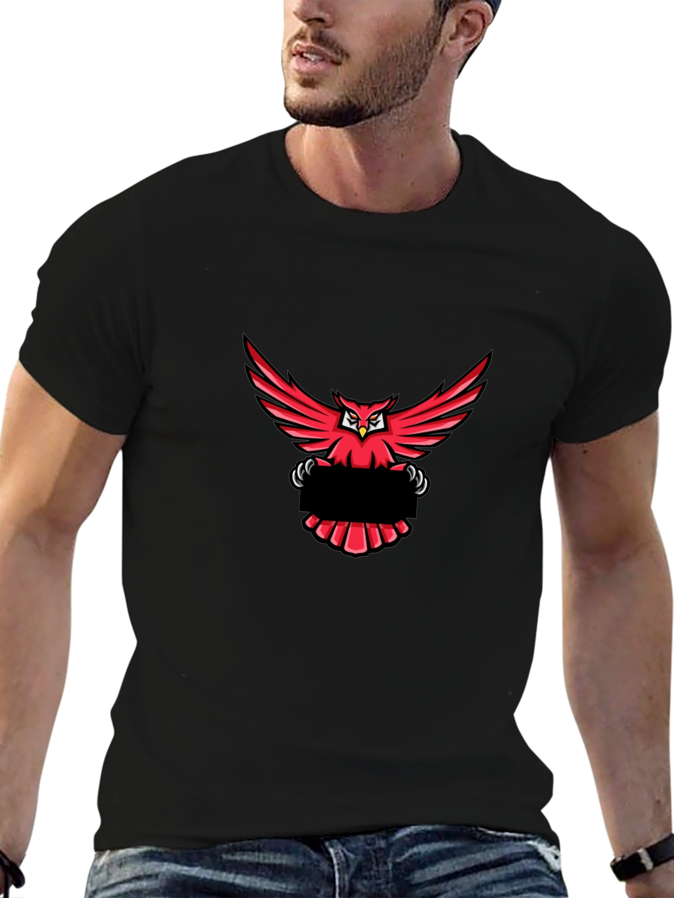 Black T-Shirt with Red Owl Graphic