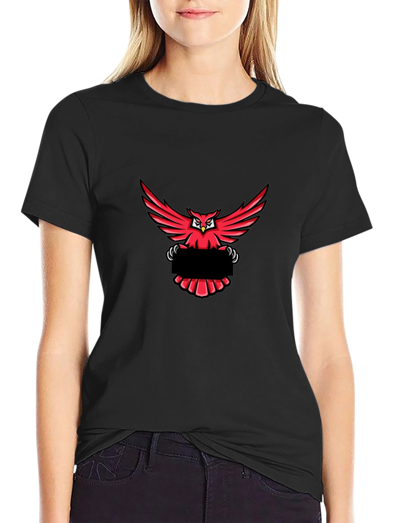 Black T-Shirt with Red Owl Graphic