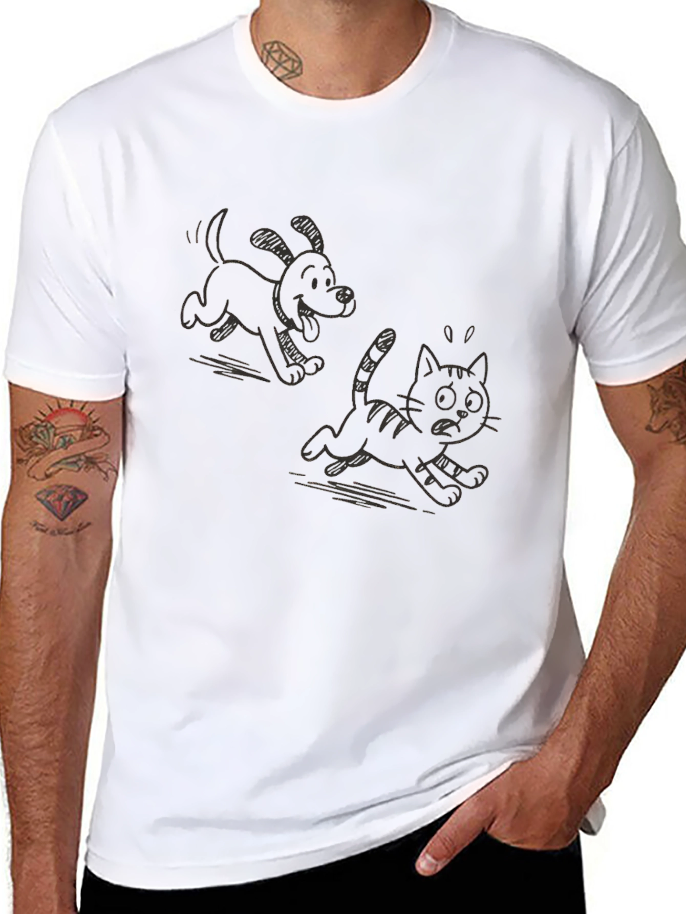 Cartoon Dog Chasing Cat Graphic T-Shirt