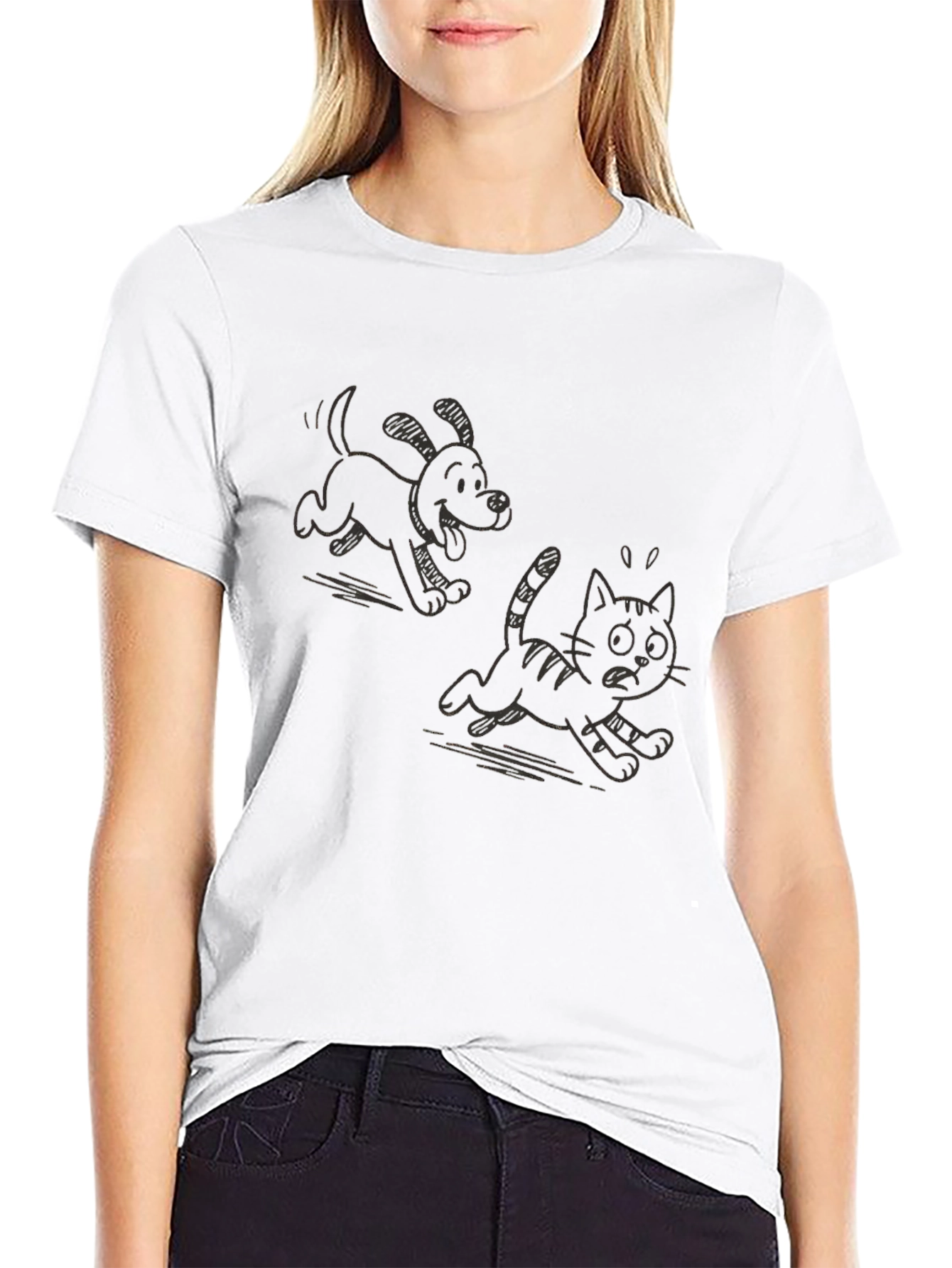 Cartoon Dog Chasing Cat Graphic T-Shirt