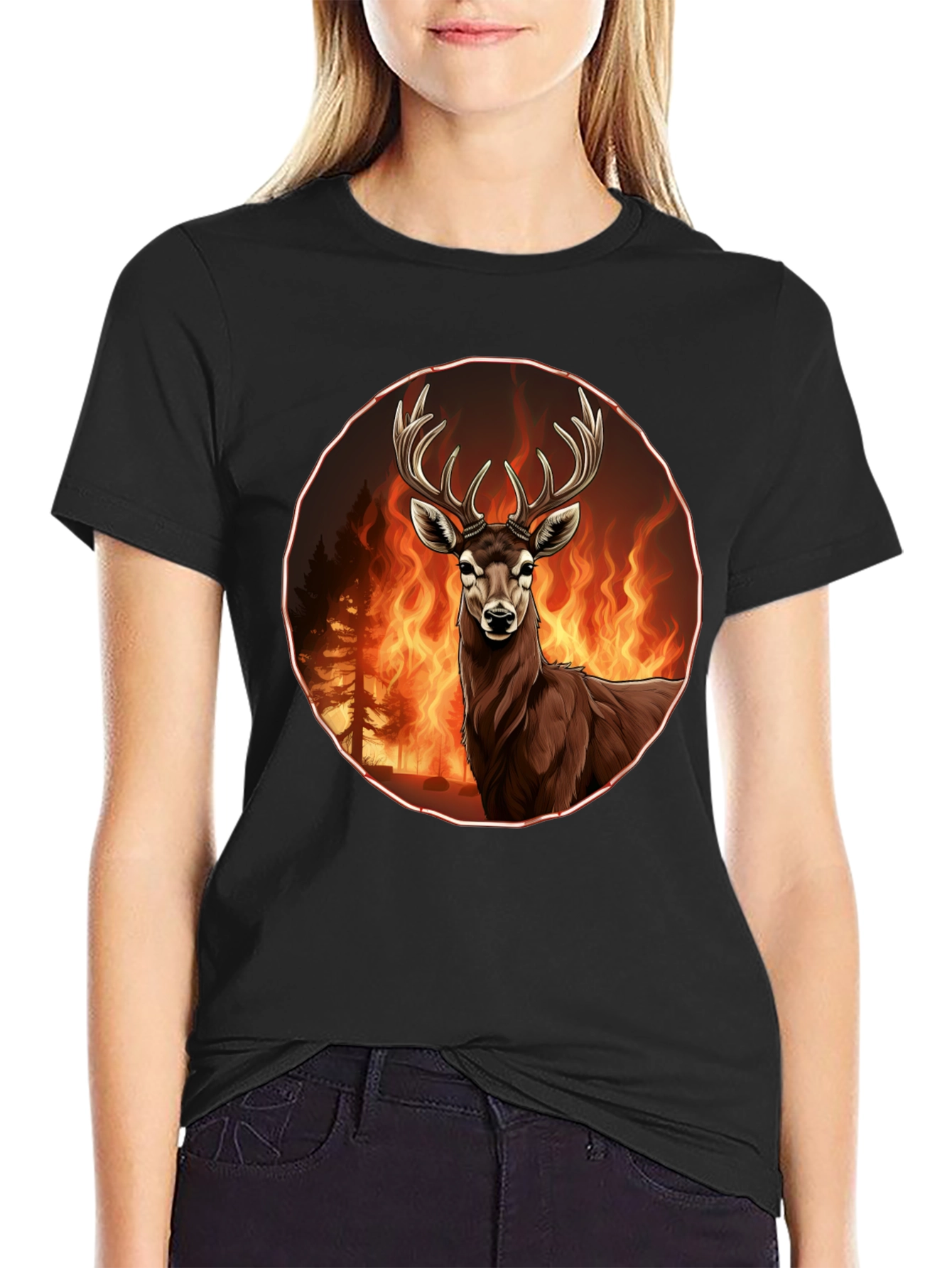 Deer in Flames Graphic Tee - Wildfire Design
