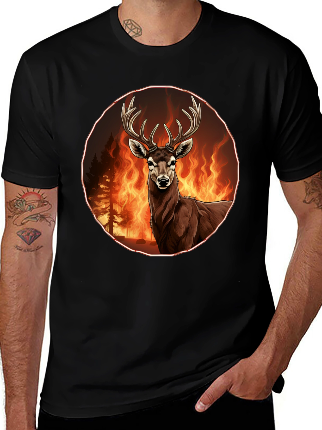 Deer in Flames Graphic Tee - Wildfire Design