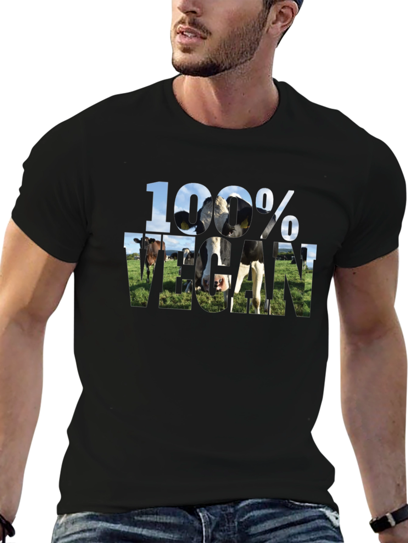 100% Vegan Cow Graphic Black T-Shirt