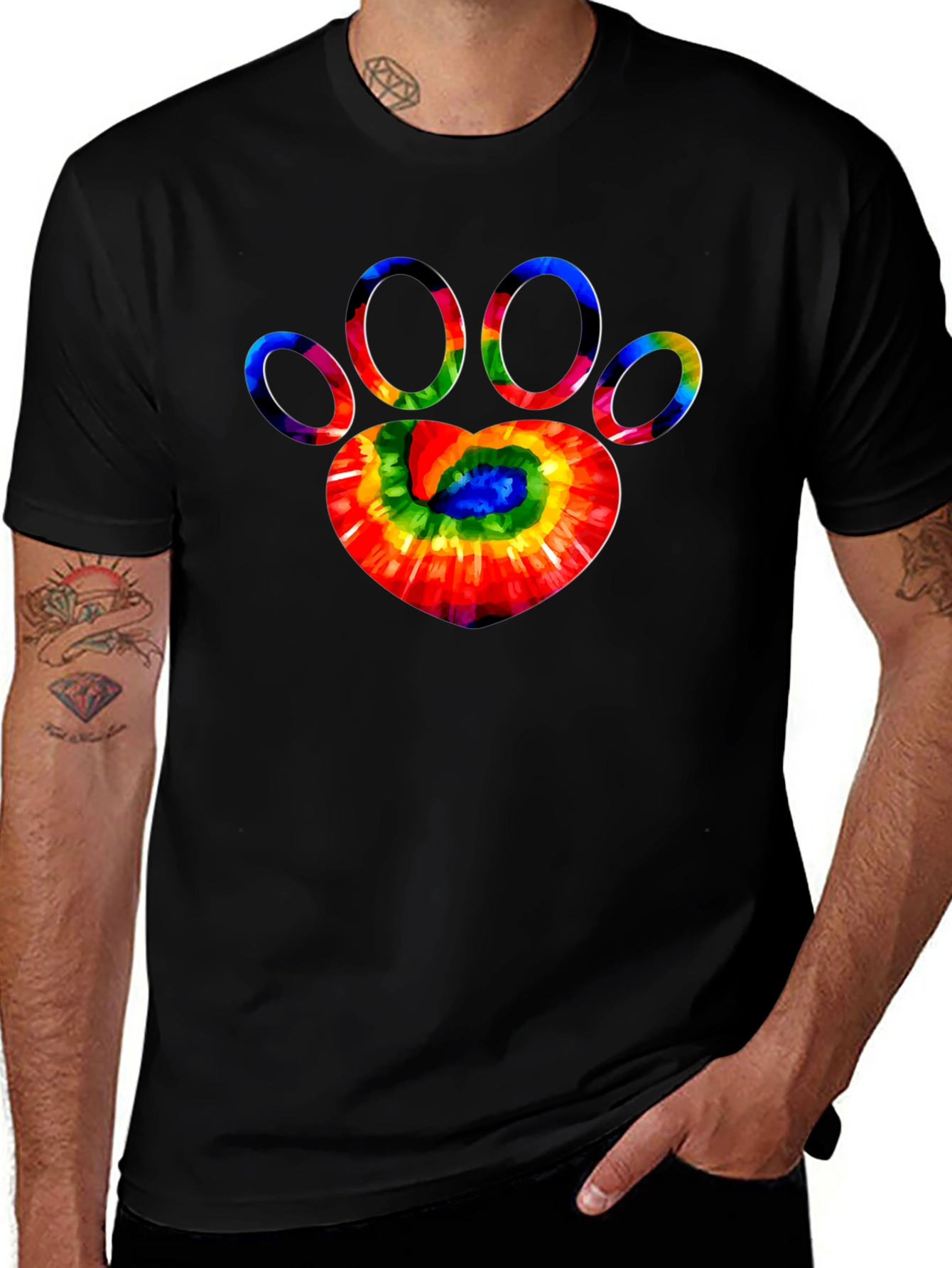 Tie Dye Paw Print Graphic Tee - Black T-Shirt