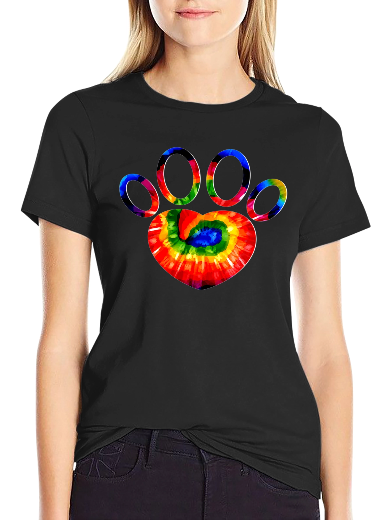 Tie Dye Paw Print Graphic Tee - Black T-Shirt