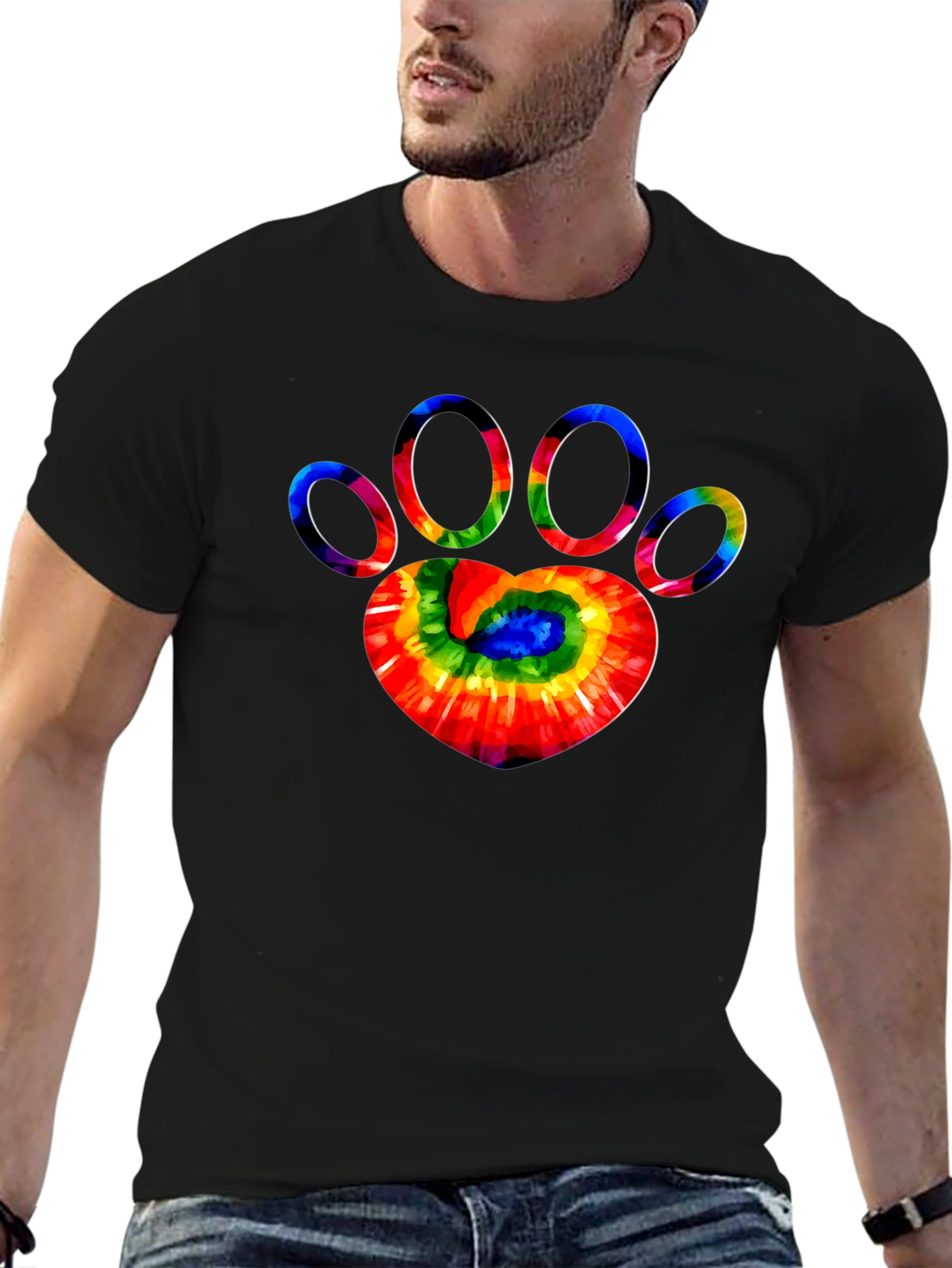 Tie Dye Paw Print Graphic Tee - Black T-Shirt