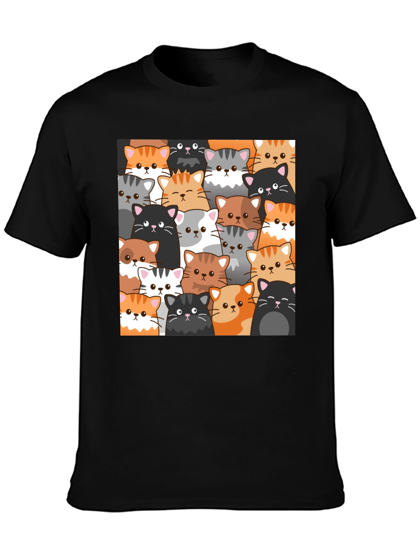 Cute Cats Pattern Black T-Shirt