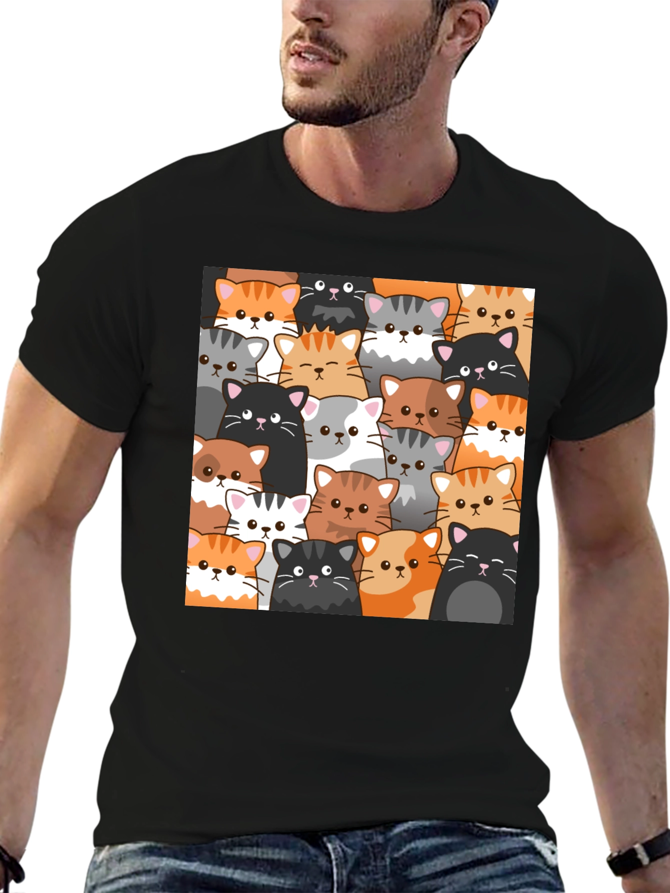 Cute Cats Pattern Black T-Shirt