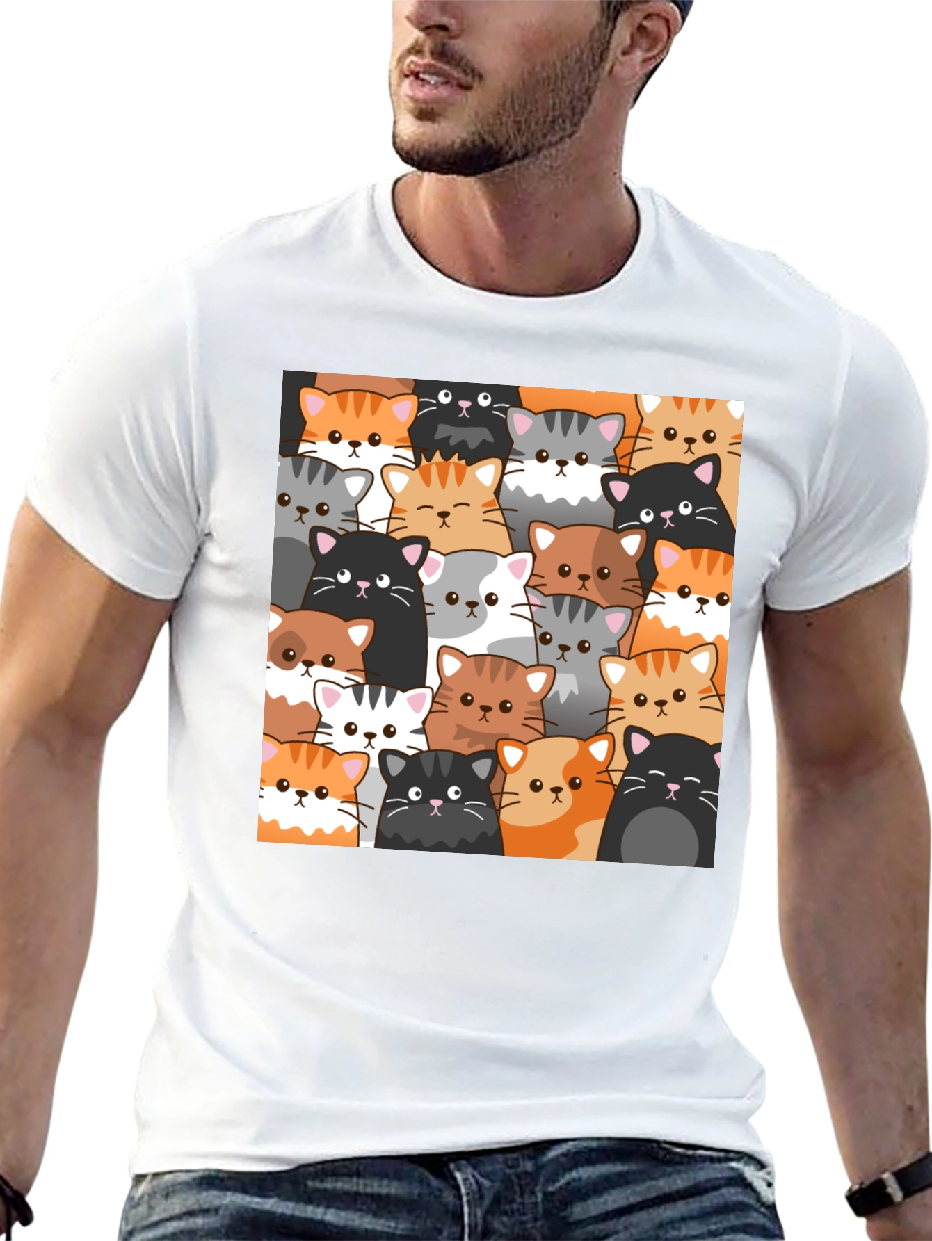 Cute Cats Pattern Black T-Shirt