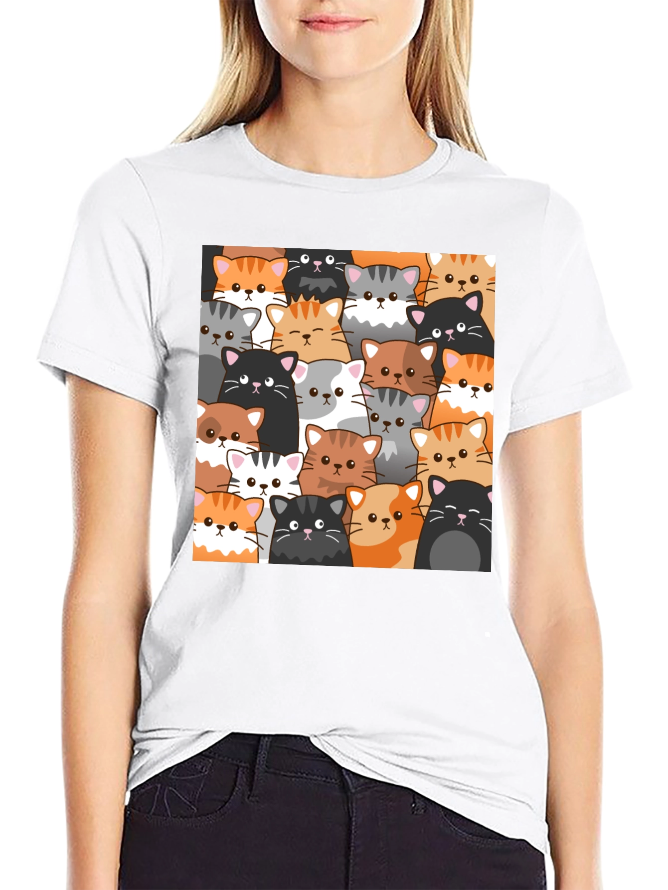 Cute Cats Pattern Black T-Shirt