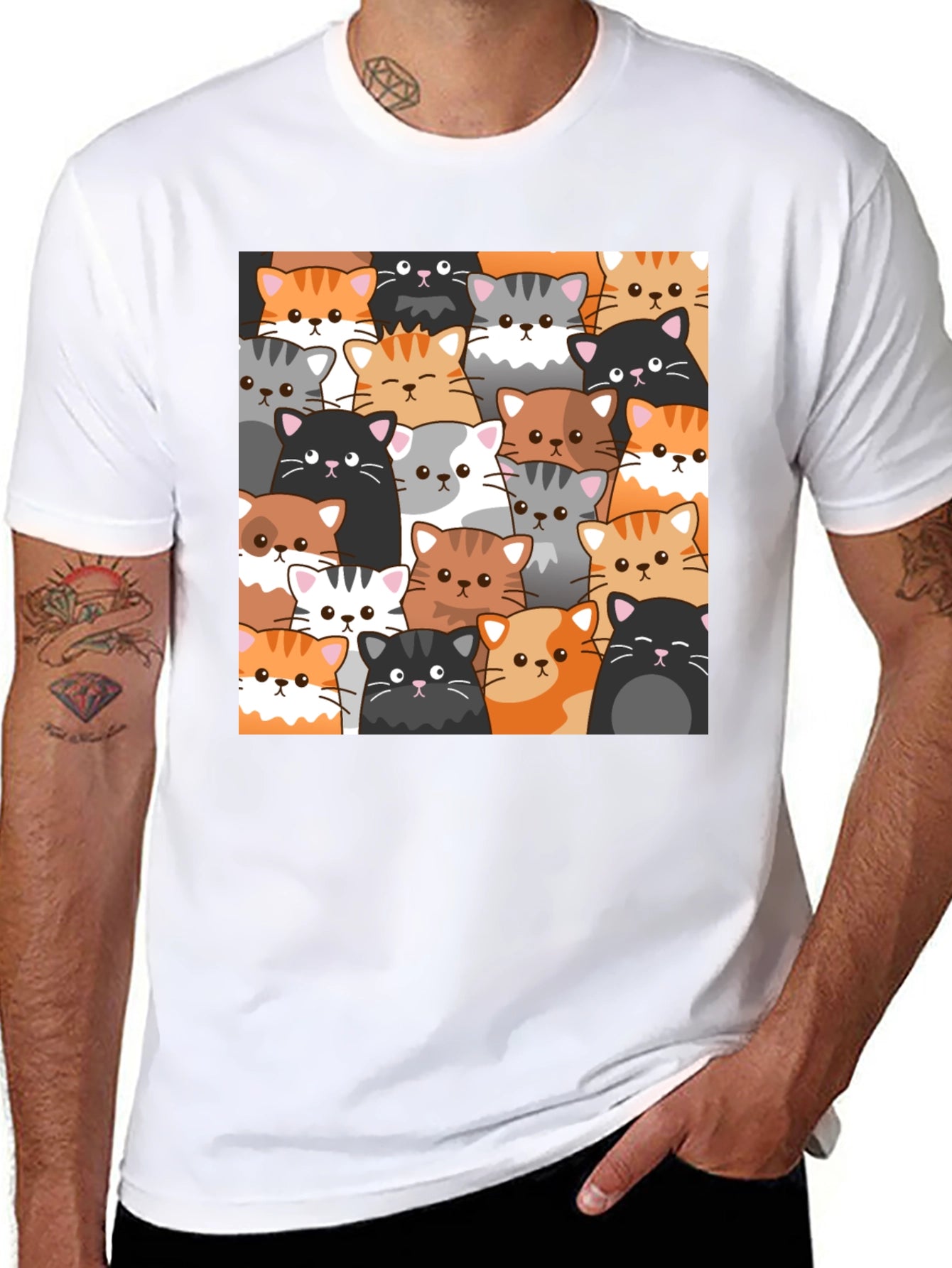 Cute Cats Pattern Black T-Shirt