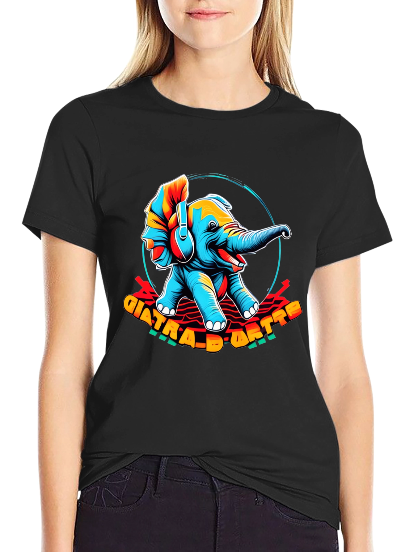 Trendy Elephant Graphic Black T-Shirt