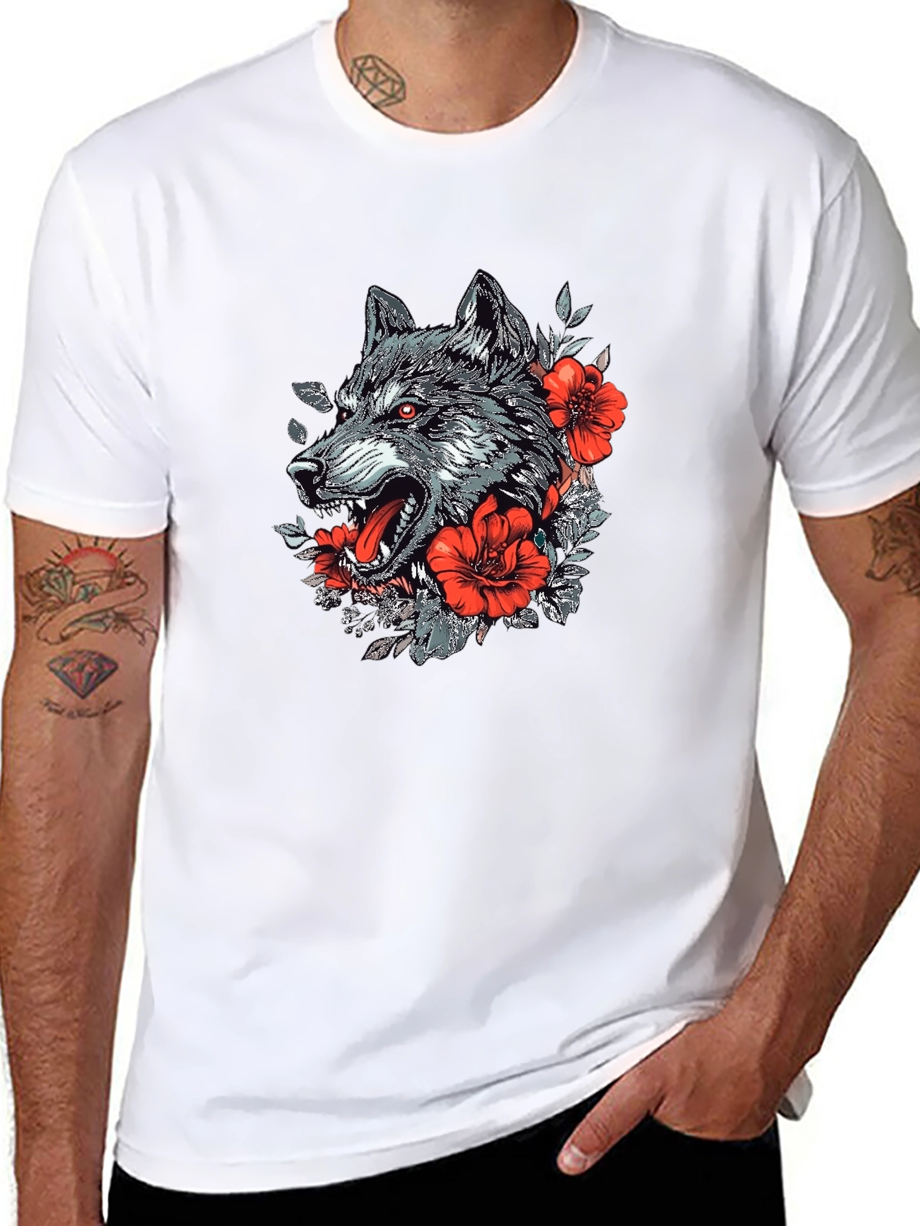 Wolf & Floral Graphic Print Black T-Shirt