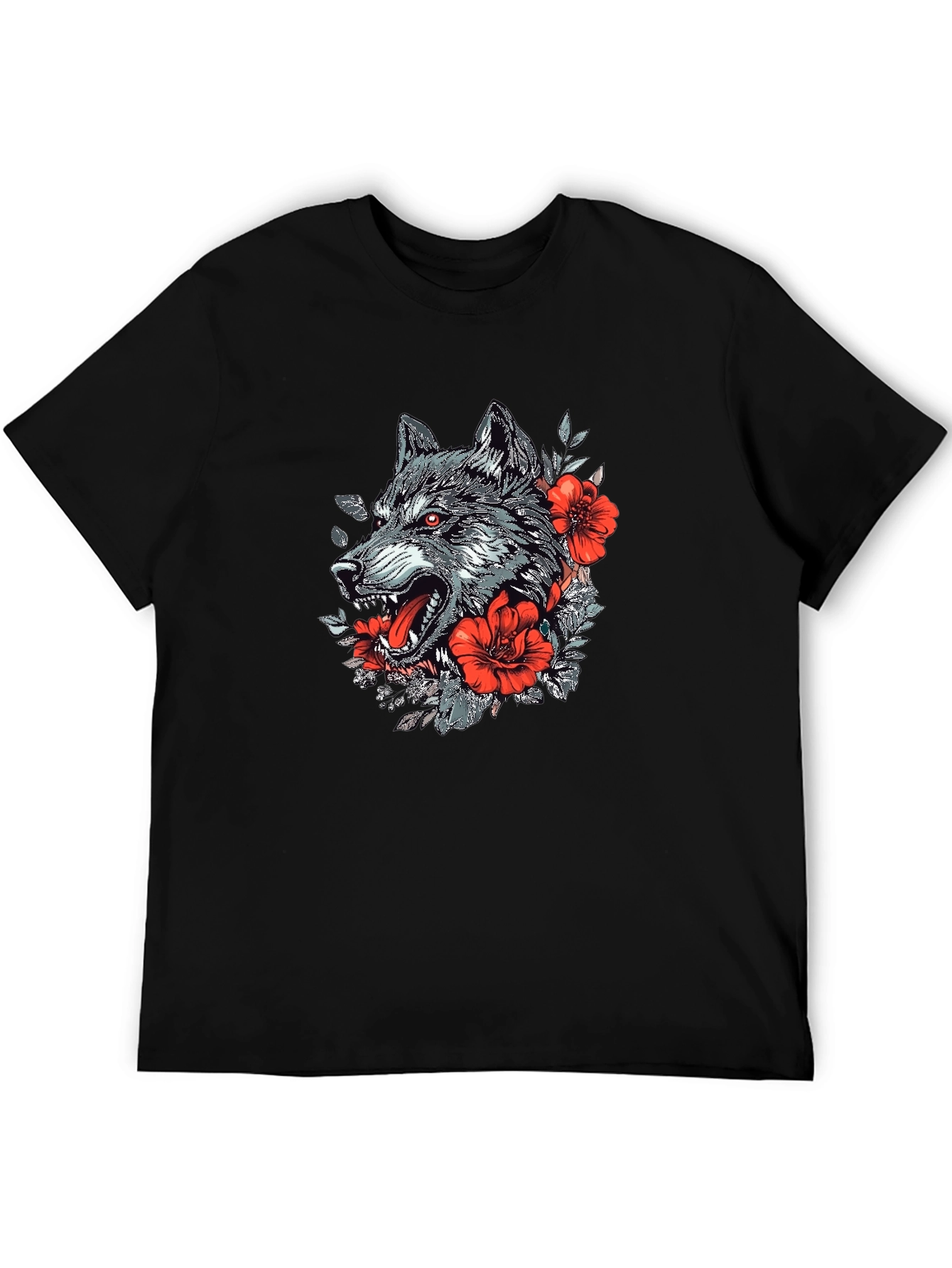 Wolf & Floral Graphic Print Black T-Shirt